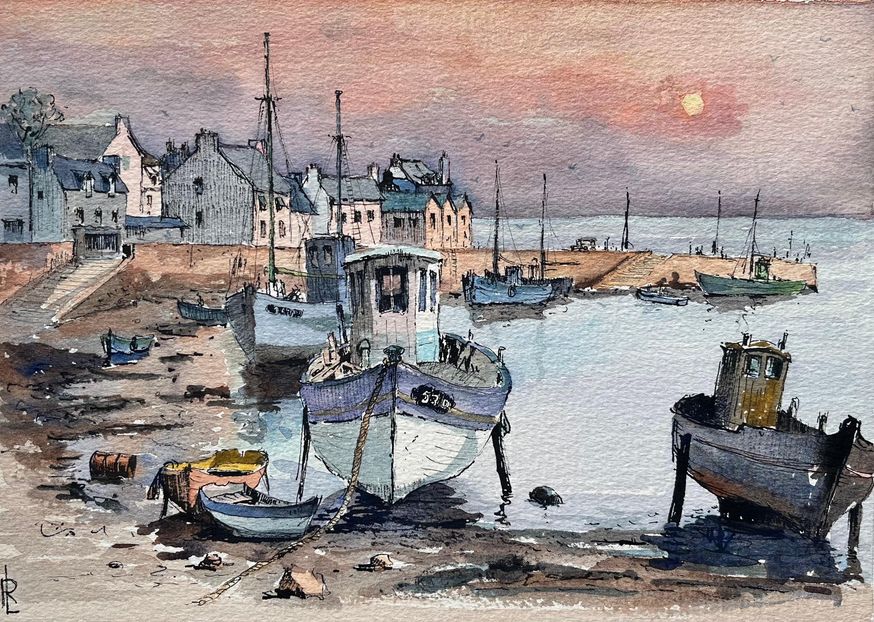 Robert Lepine (1929 - 2017) Landscape Art – Französisches Aquarell von Le Port de Douarnenez, Bretagne bei Sonnenuntergang