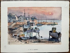 French Watercolor of Le Port de Douarnenez Brittany at Sunset