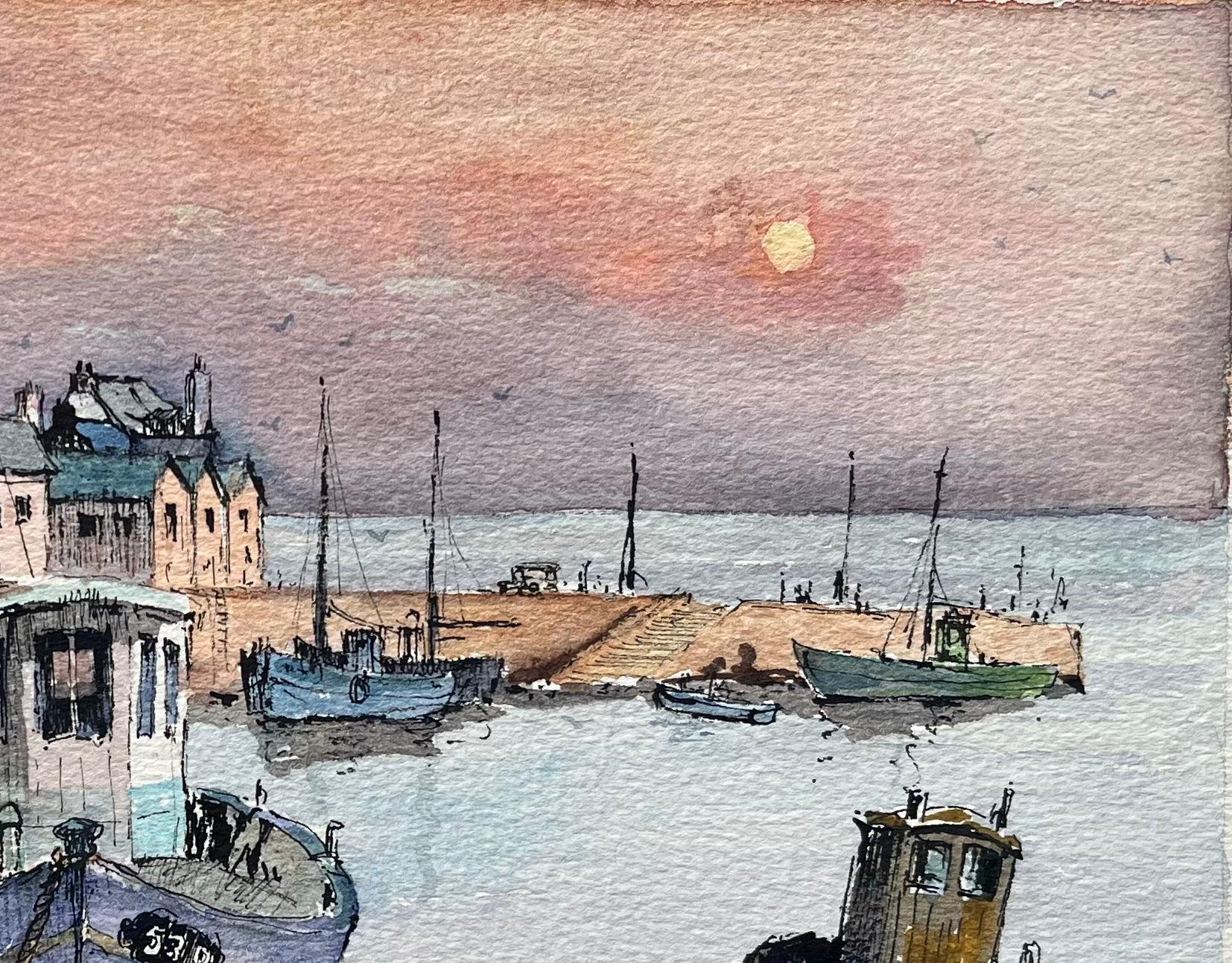Französisches Aquarell von Le Port de Douarnenez, Bretagne bei Sonnenuntergang im Angebot 1