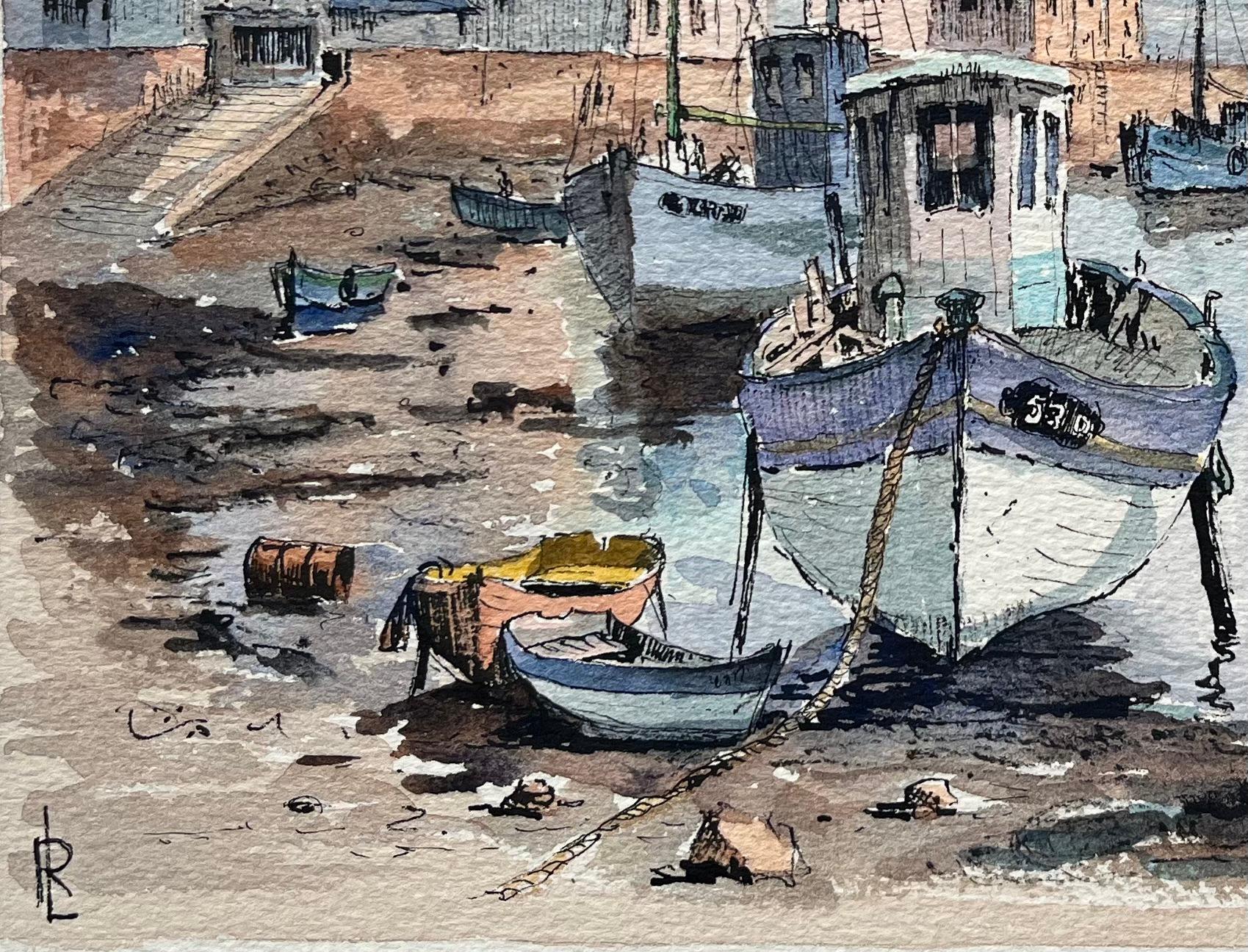 Französisches Aquarell von Le Port de Douarnenez, Bretagne bei Sonnenuntergang (Grau), Landscape Art, von Robert Lepine (1929 - 2017)