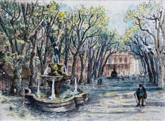 French Watercolor of Cours Mirabeau, Aix-en-Provence and Figure Holding Balloons