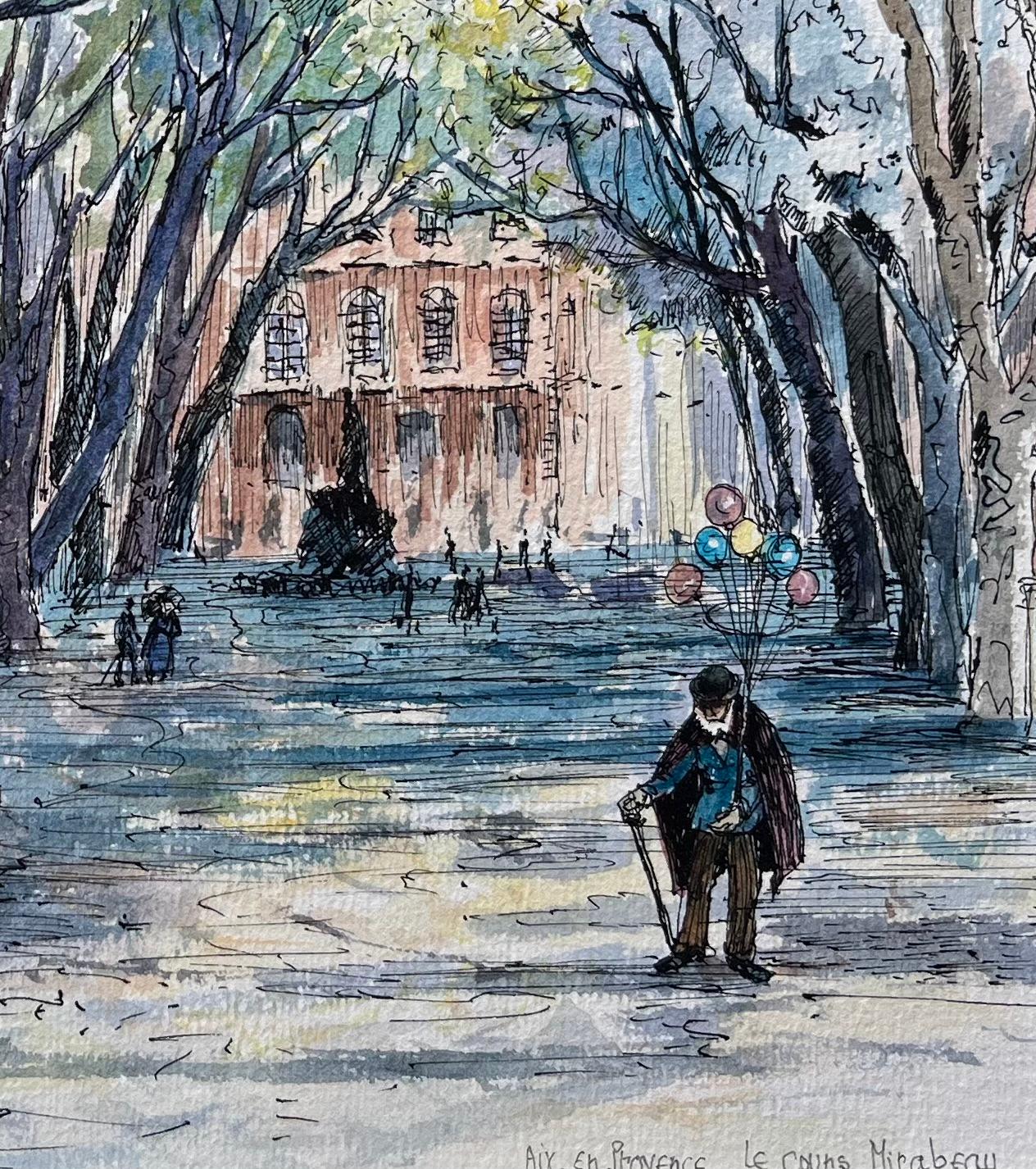Acquerello francese di Cours Mirabeau, Aix-en-Provence e figura che tiene in mano dei palloncini - Painting Scuola francese di Robert Lepine (1929 - 2017)