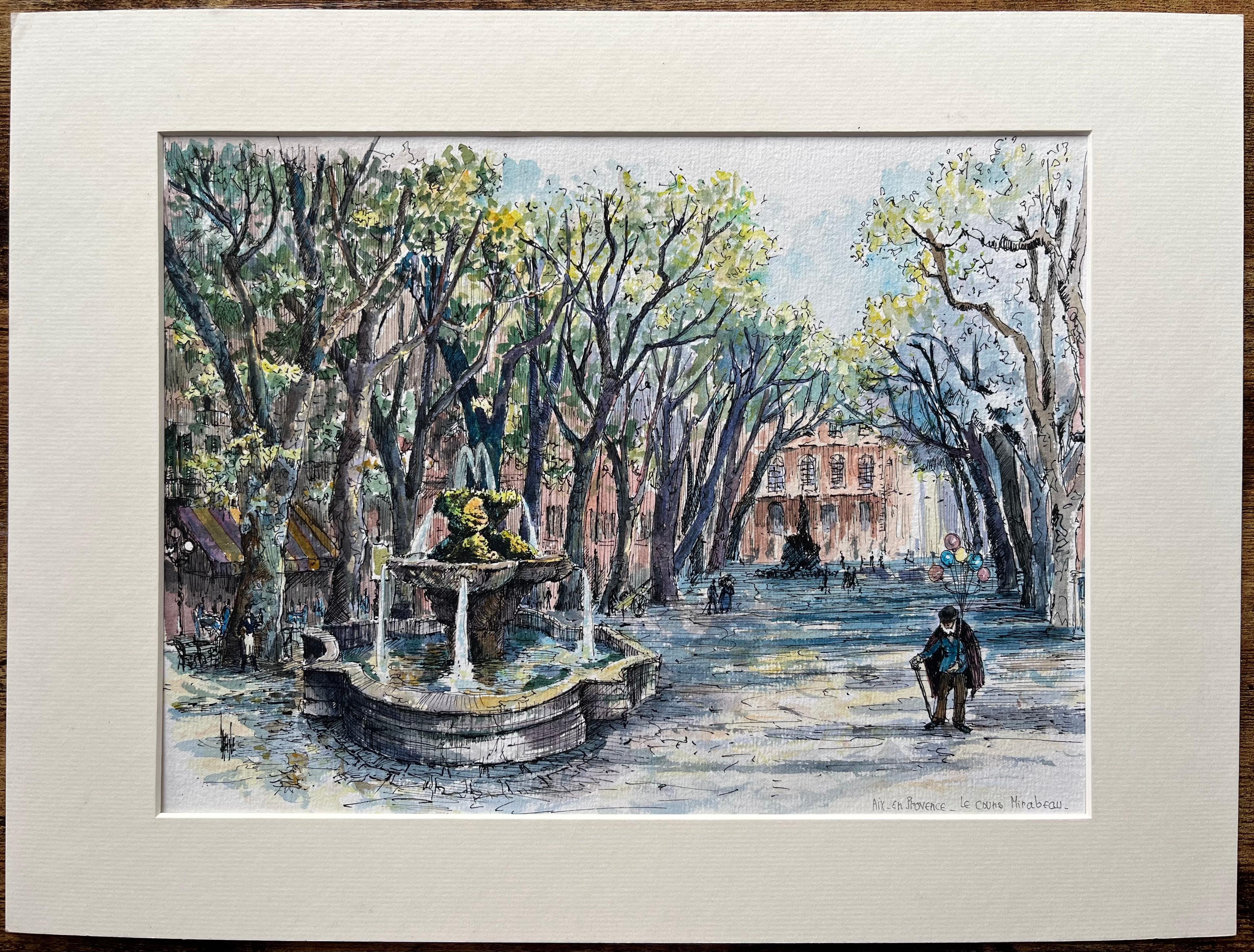 Acquerello francese di Cours Mirabeau, Aix-en-Provence e figura che tiene in mano dei palloncini - Painting di Robert Lepine (1929 - 2017)