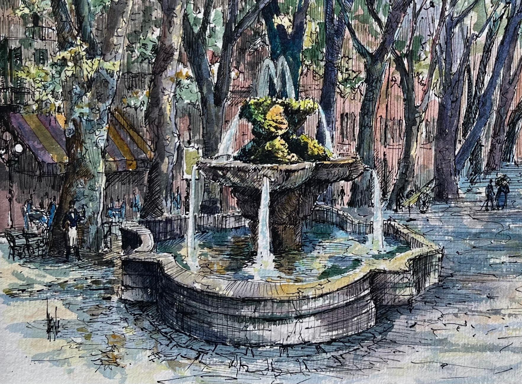 Acquerello francese di Cours Mirabeau, Aix-en-Provence e figura che tiene in mano dei palloncini - Landscape Painting Grigio di Robert Lepine (1929 - 2017)