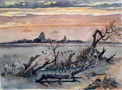 French Watercolor of Camargue Wetlands at Sunset with Storks in the Foreground