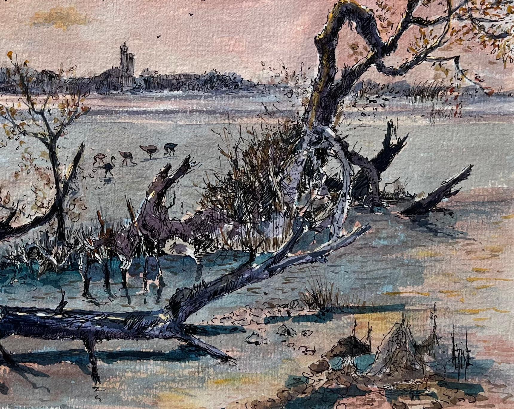 Französisches Aquarell aus Camargue-Wüstenlandschaften bei Sonnenuntergang mit Stürmen im Vorfeld (Grau), Landscape Painting, von Robert Lepine (1929 - 2017)