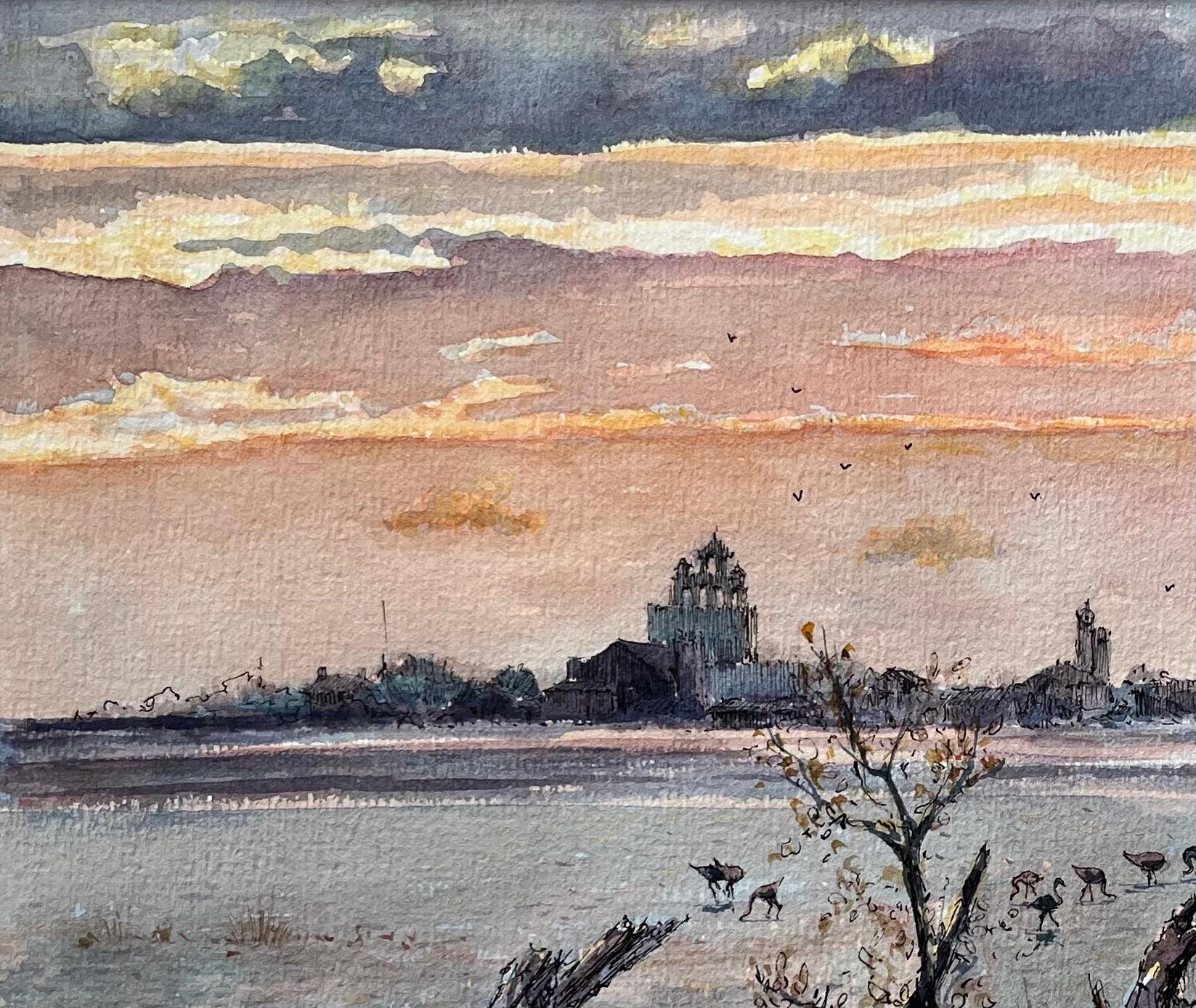 Französisches Aquarell aus Camargue-Wüstenlandschaften bei Sonnenuntergang mit Stürmen im Vorfeld im Angebot 1