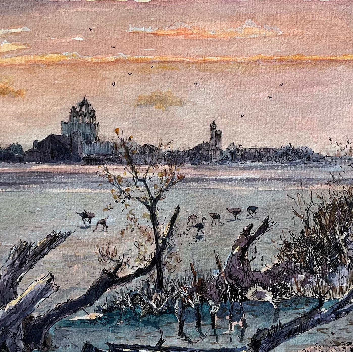 Französisches Aquarell aus Camargue-Wüstenlandschaften bei Sonnenuntergang mit Stürmen im Vorfeld im Angebot 2