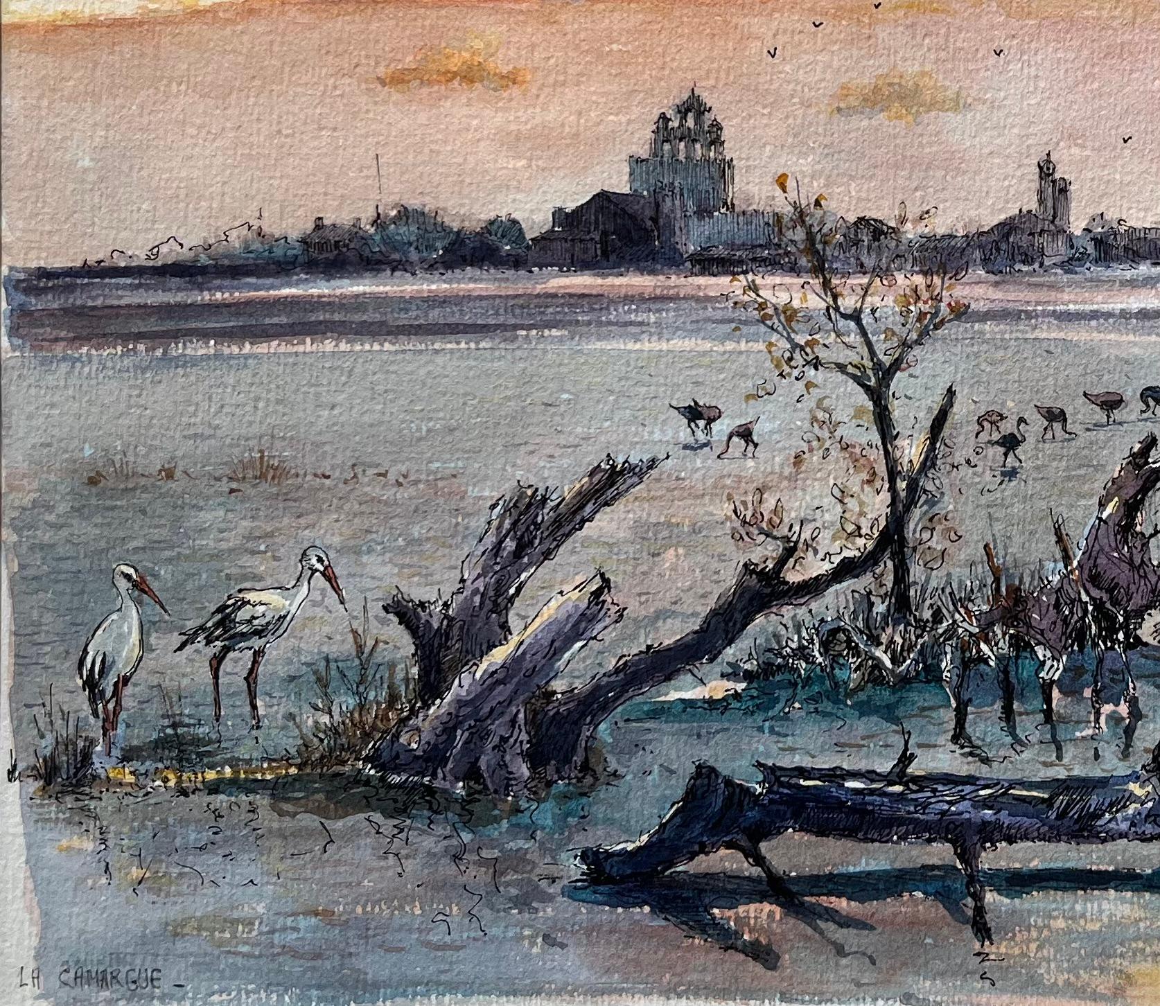 Französisches Aquarell aus Camargue-Wüstenlandschaften bei Sonnenuntergang mit Stürmen im Vorfeld (Französische Schule), Painting, von Robert Lepine (1929 - 2017)