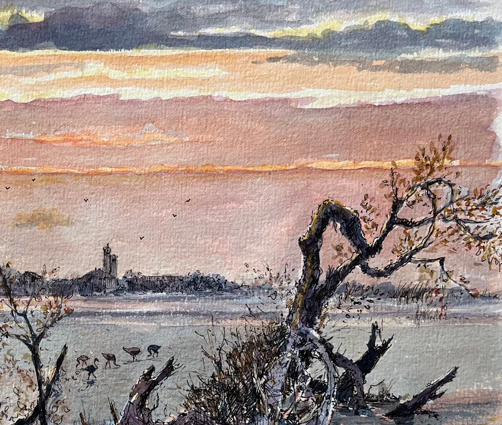 Titel: Französisches Aquarell eines Camargue-Feuchtgebietes bei Sonnenuntergang mit Störchen im Vordergrund
von Robert Lepine (Franzose, 1929 - 2017)
Unterschrieben: Ja
Medium: Aquarellmalerei auf Künstlerpapier, montiert
Größe: 10,5 x 13,5 (Höhe x