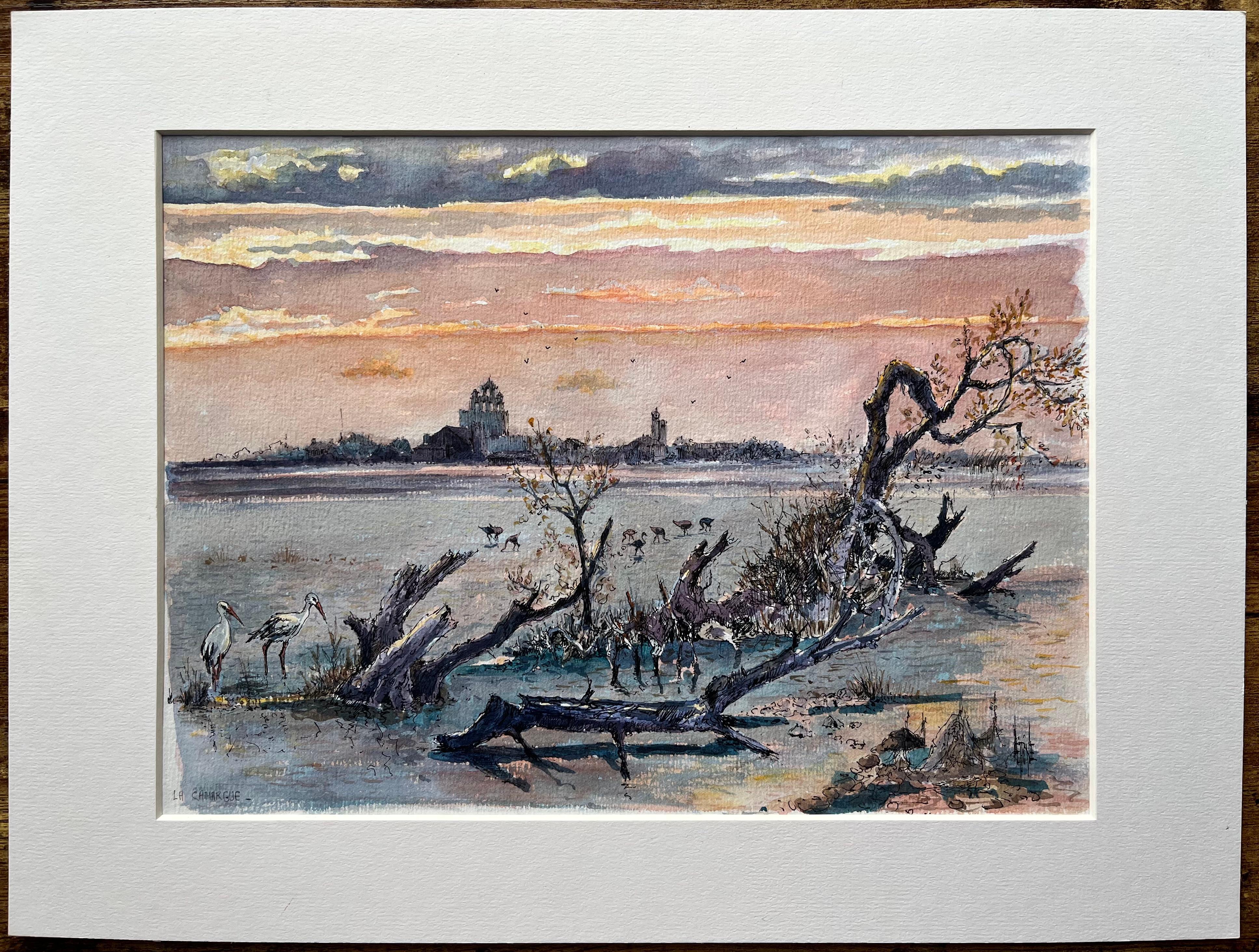 Französisches Aquarell aus Camargue-Wüstenlandschaften bei Sonnenuntergang mit Stürmen im Vorfeld – Painting von Robert Lepine (1929 - 2017)