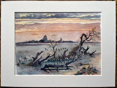 Acquerello francese di zone umide della Camargue al tramonto con cicogne in primo piano