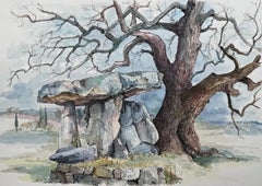 Acuarela francesa del Dolmen de la Pierre de la Fée en Draguignan