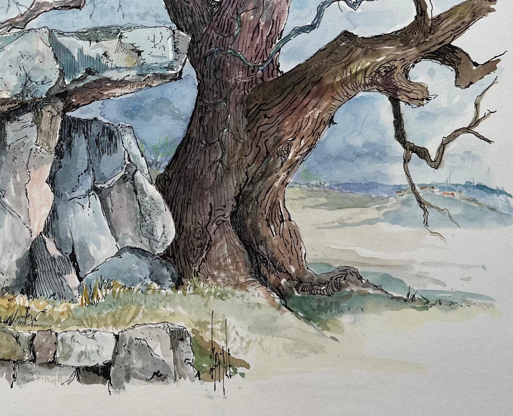 French Watercolor of Dolmen de la Pierre de la Fée in Draguignan - Gray Landscape Painting by Robert Lepine (1929 - 2017)