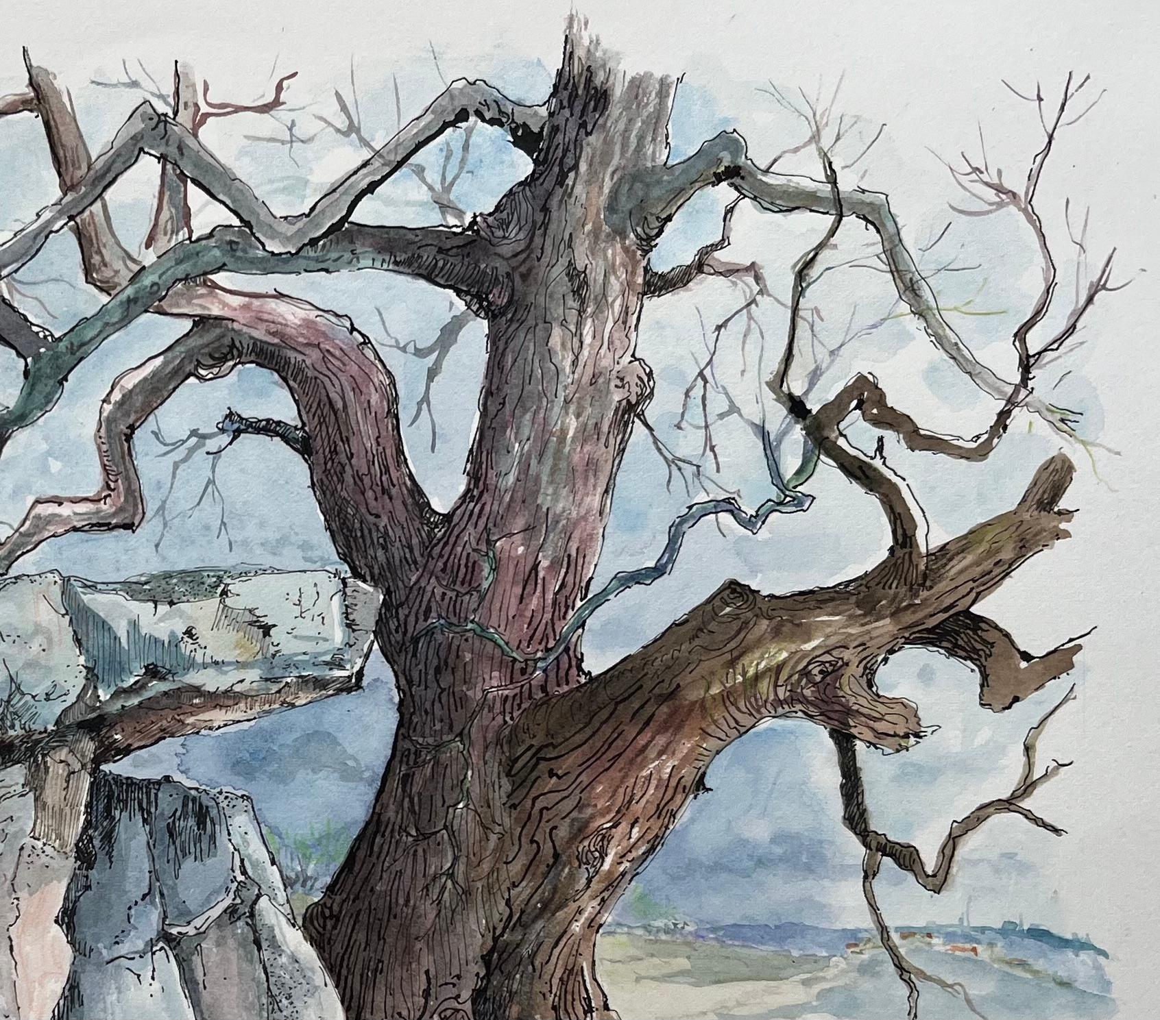 Title: French Watercolor of Dolmen de la Pierre de la Fée in Draguignan
by Robert Lepine (French, 1929 - 2017)
Signed: Yes
Medium: Watercolor painting on artists paper, mounted
Size: 12.25 x 16.25 (height x width)
Provenance: From the artists