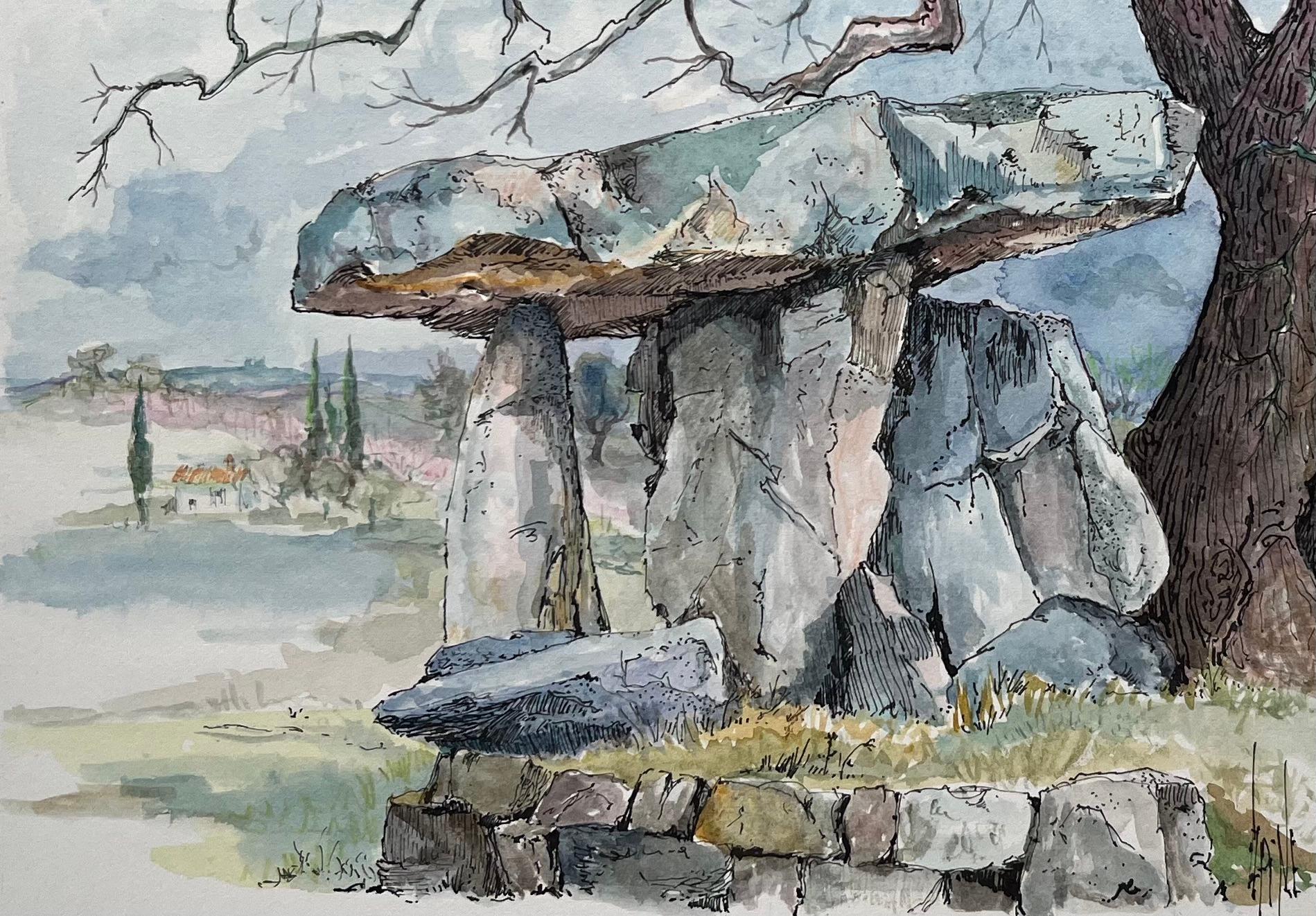 French Watercolor of Dolmen de la Pierre de la Fée in Draguignan - French School Painting by Robert Lepine (1929 - 2017)