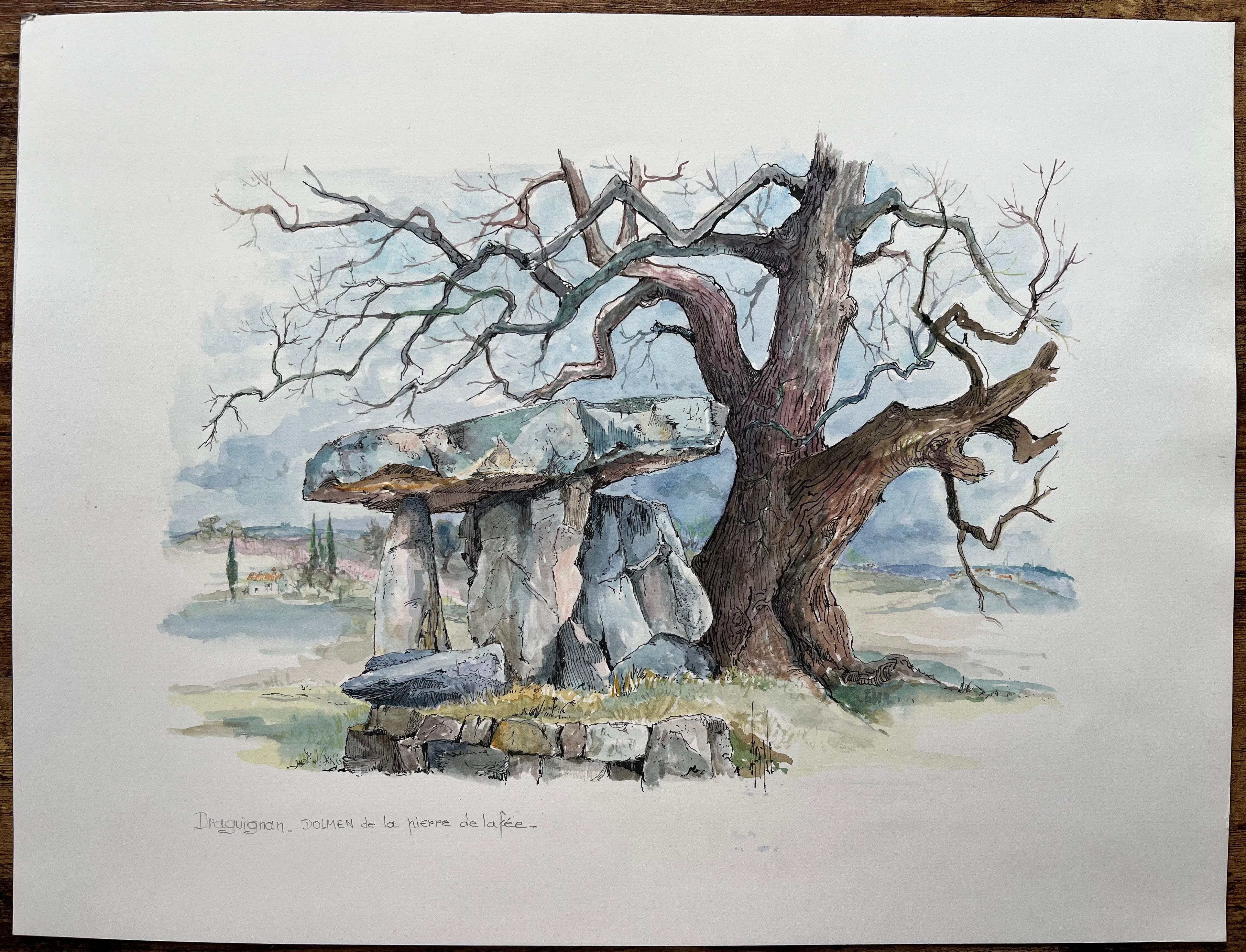 French Watercolor of Dolmen de la Pierre de la Fée in Draguignan - Painting by Robert Lepine (1929 - 2017)