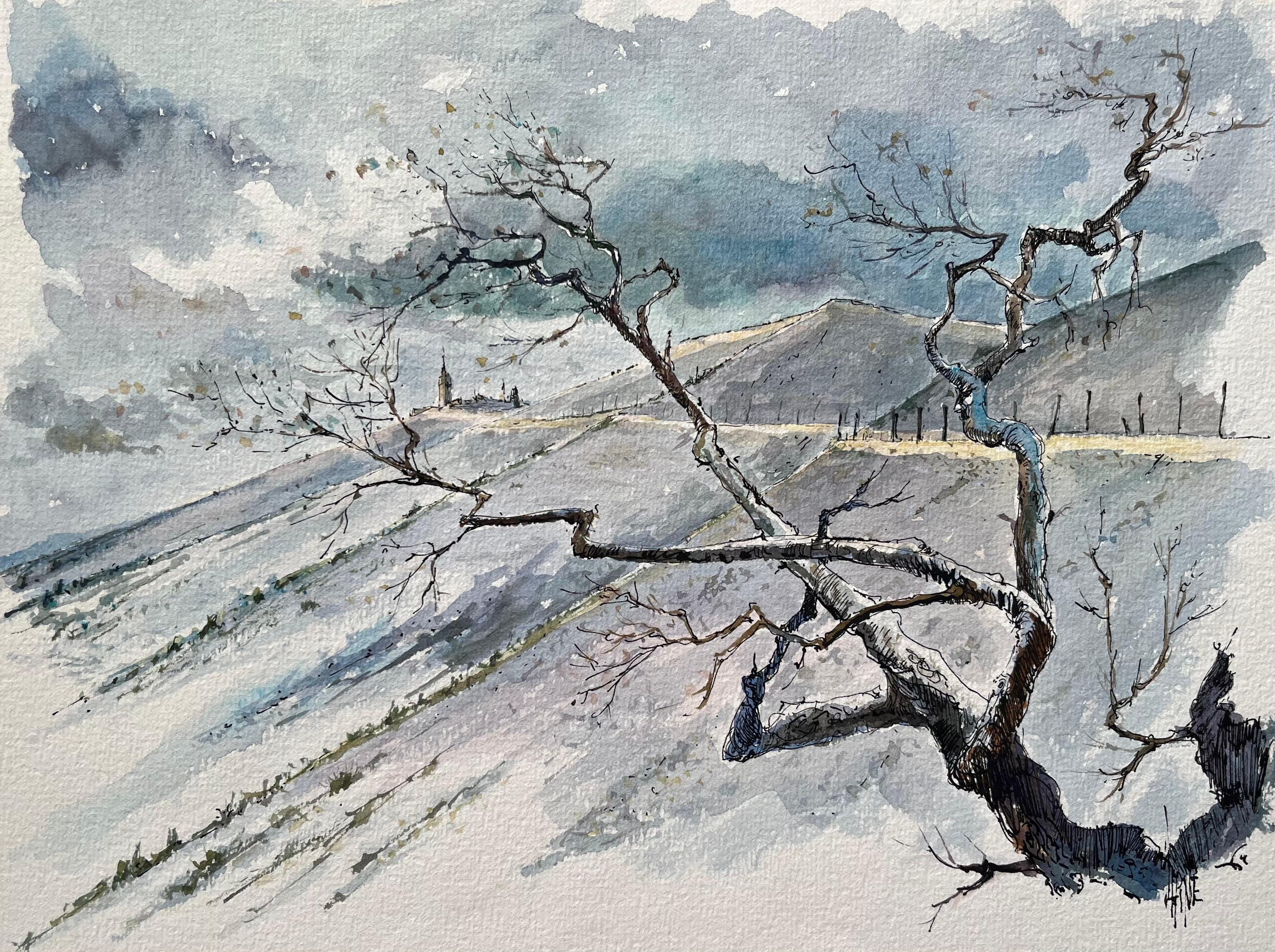 Landscape Painting Robert Lepine (1929 - 2017) - Aquarelle française d'un paysage Mont Ventoux en hiver
