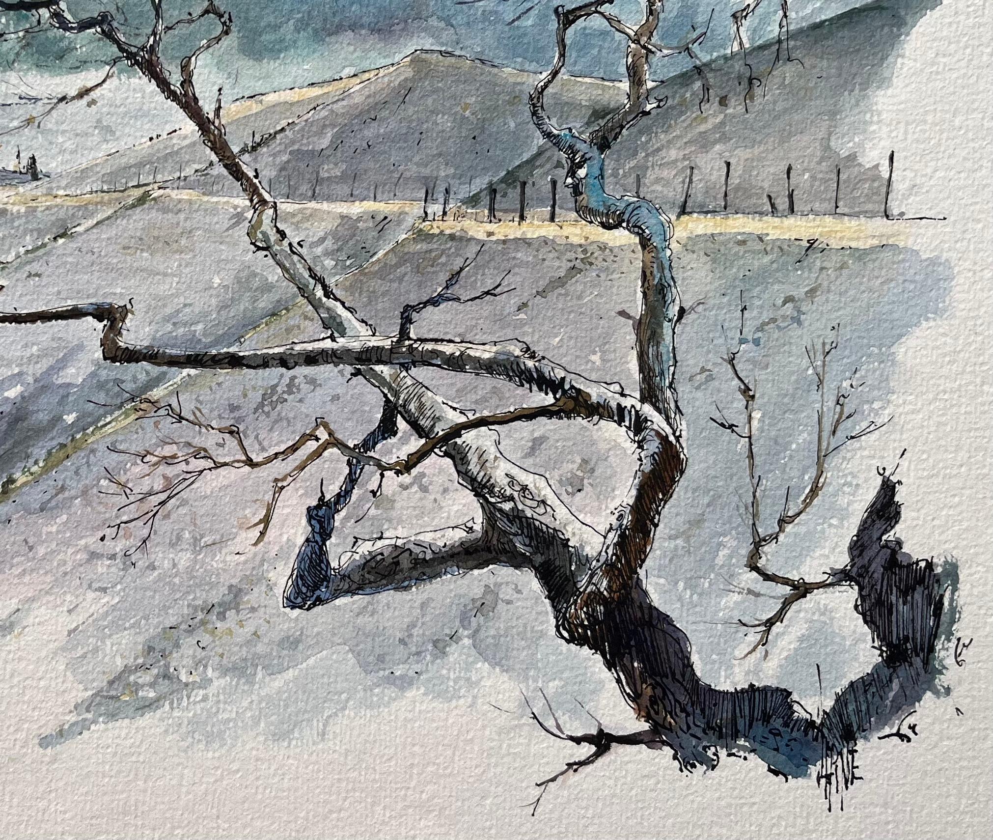 Aquarelle française d'un paysage Mont Ventoux en hiver - École française Painting par Robert Lepine (1929 - 2017)