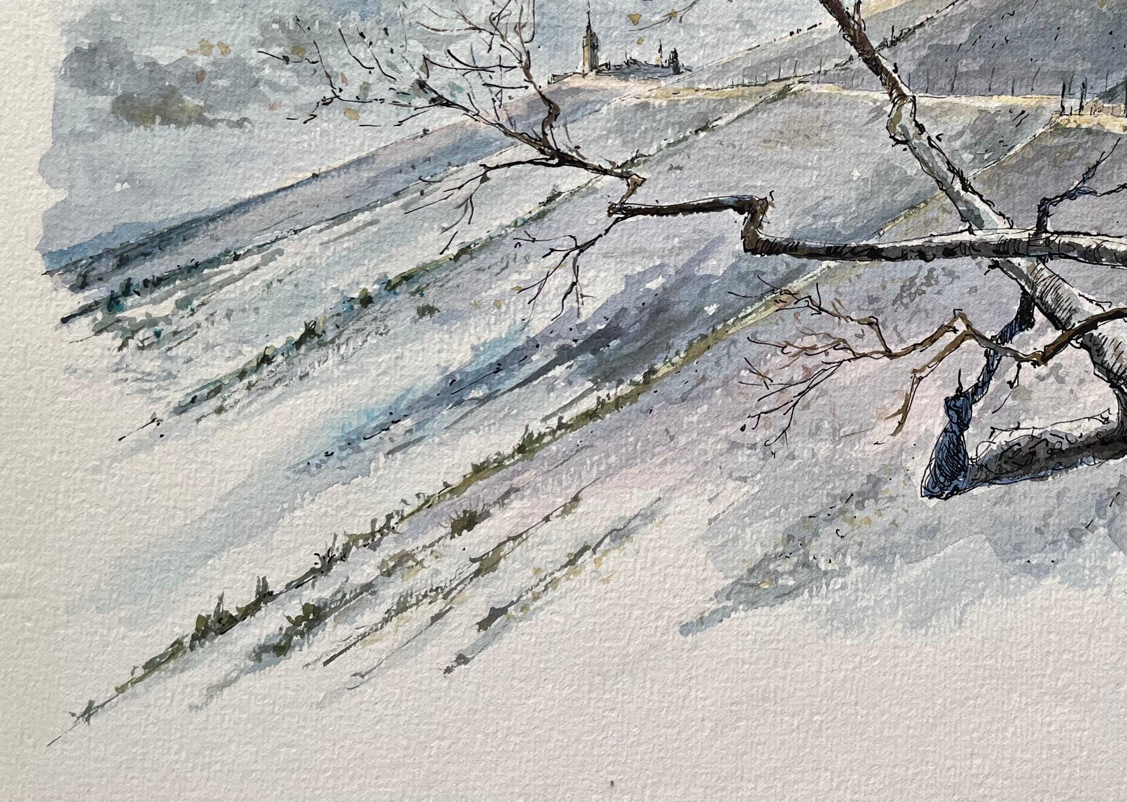 Aquarelle française d'un paysage Mont Ventoux en hiver en vente 1