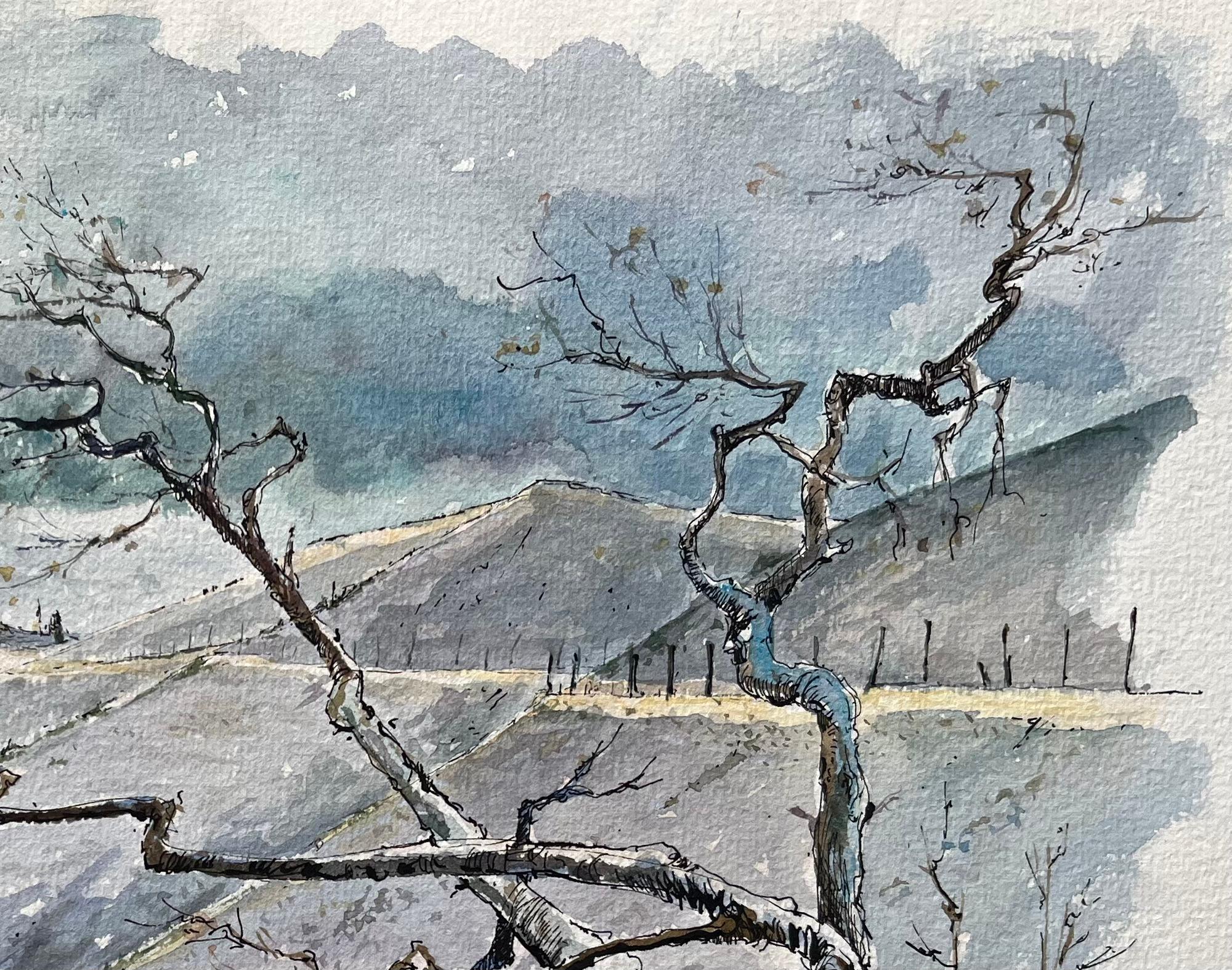 Aquarelle française d'un paysage Mont Ventoux en hiver - Gris Landscape Painting par Robert Lepine (1929 - 2017)