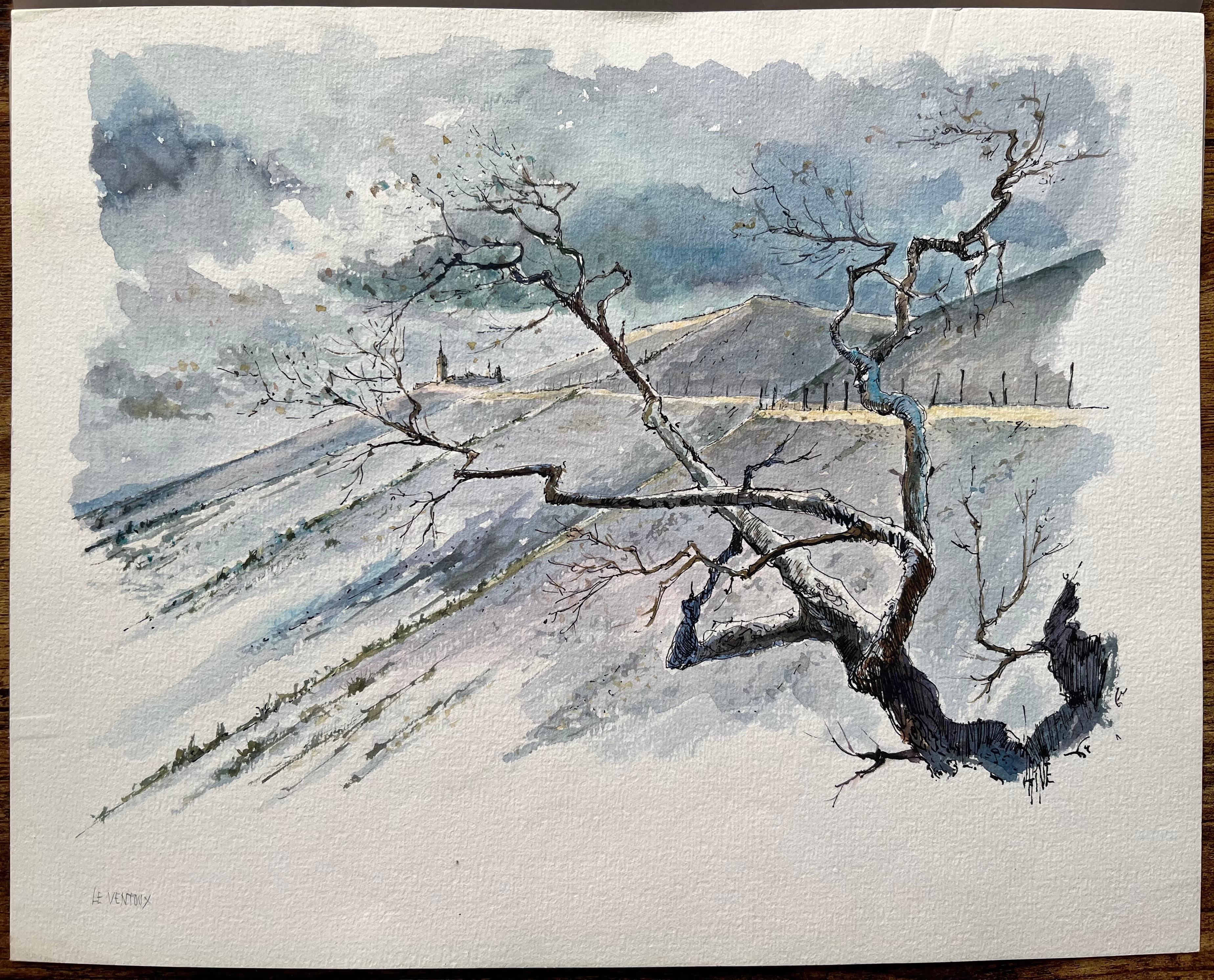 Aquarelle française d'un paysage Mont Ventoux en hiver - Painting de Robert Lepine (1929 - 2017)