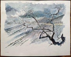 French Watercolor of Mont Ventoux Landscape in Winter