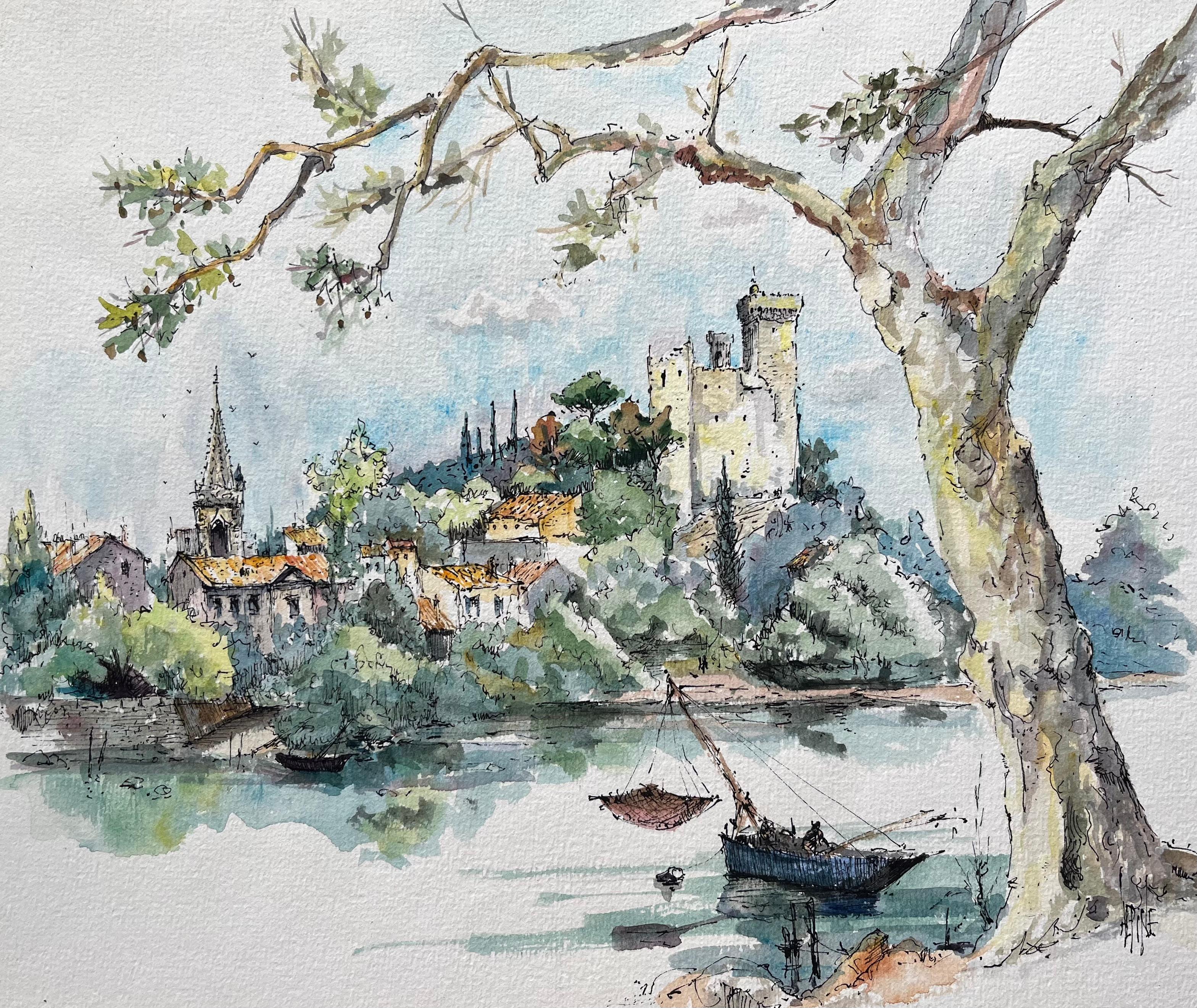Robert Lepine (1929 - 2017) Landscape Art – Französisches Aquarell von Châteauneuf-du-Pape und Rhône Fluss mit Fischerboot