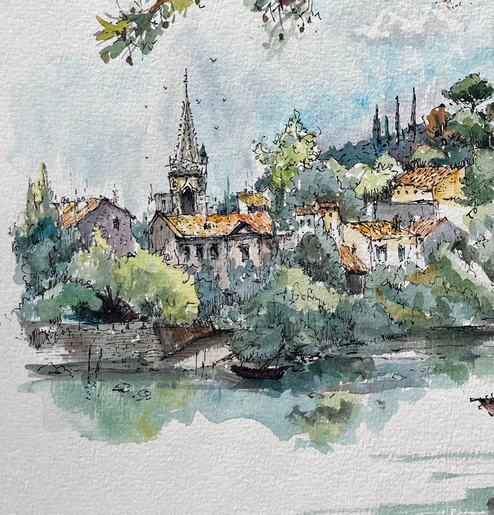 Französisches Aquarell von Châteauneuf-du-Pape und Rhône Fluss mit Fischerboot (Französische Schule), Art, von Robert Lepine (1929 - 2017)