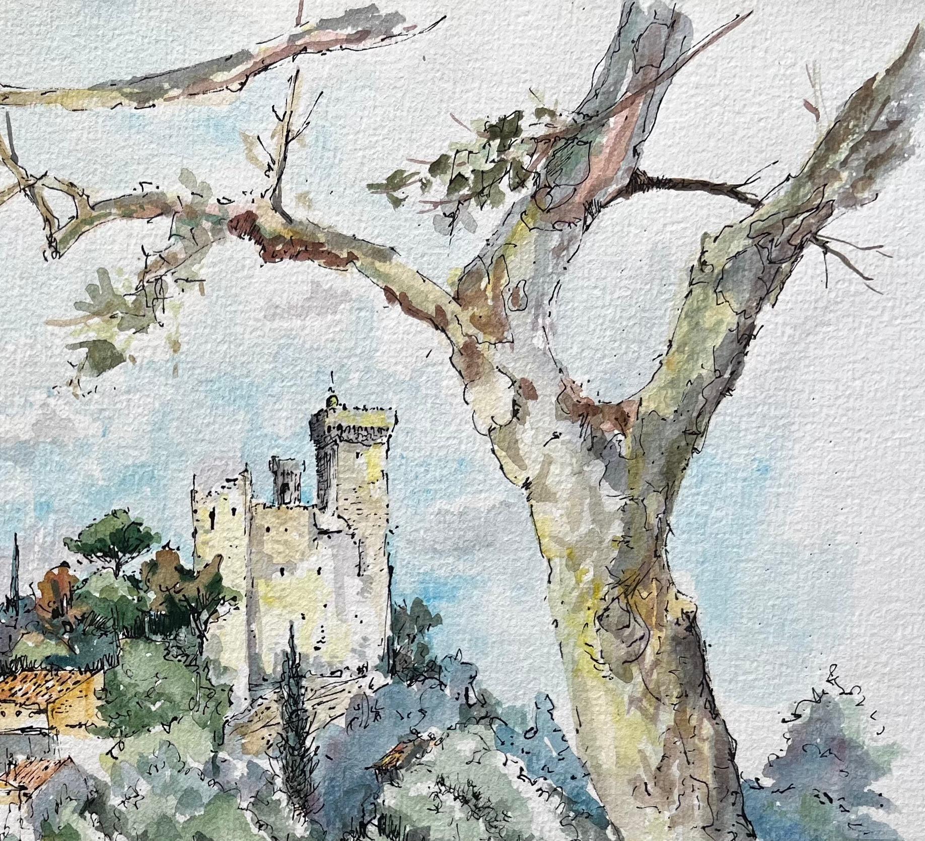 Französisches Aquarell von Châteauneuf-du-Pape und Rhône Fluss mit Fischerboot (Grau), Landscape Art, von Robert Lepine (1929 - 2017)