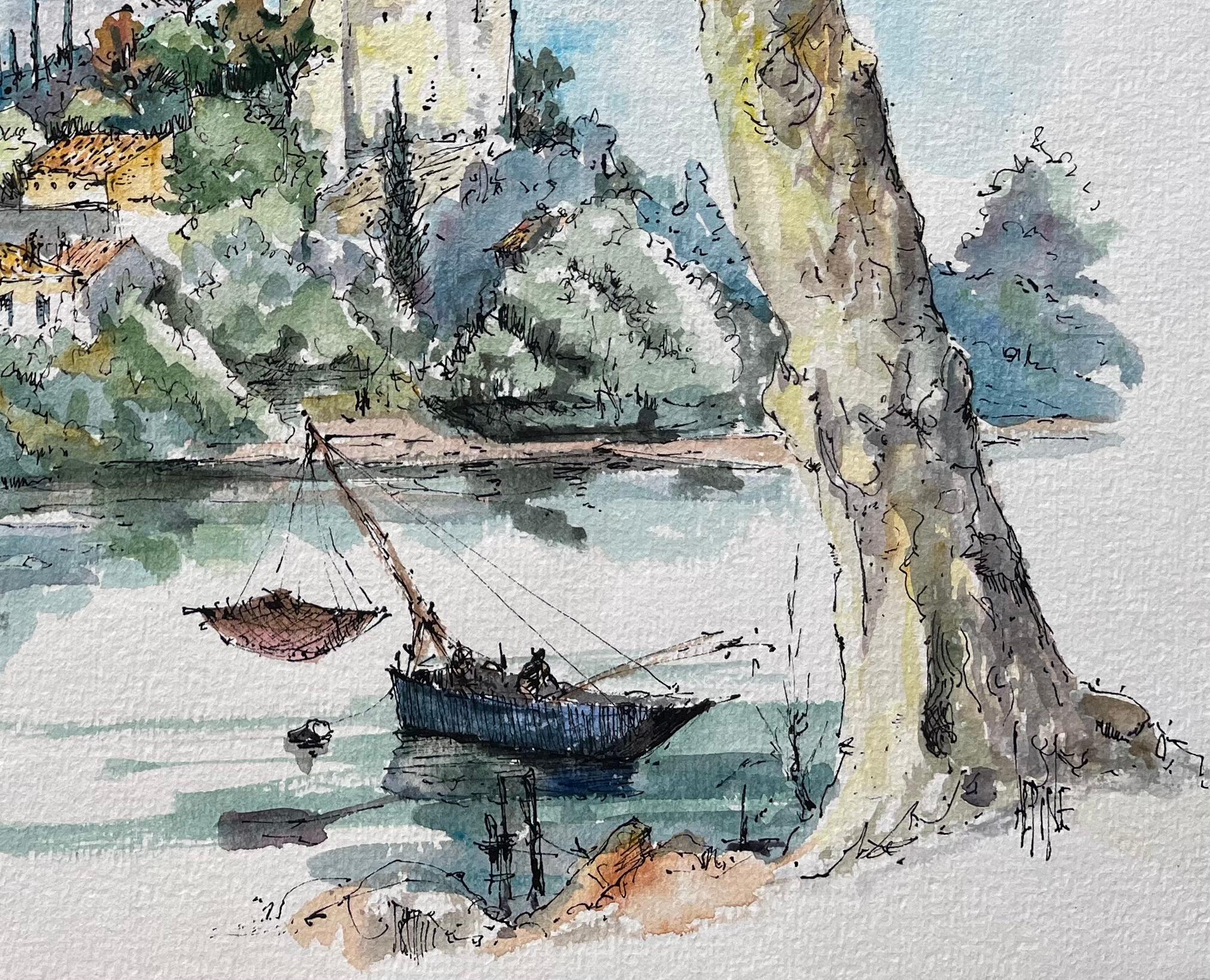 Titel: Französisches Aquarell von Châteauneuf-du-Pape und Rhône mit Fischerboot
von Robert Lepine (Franzose, 1929 - 2017)
Unterschrieben: Ja
Medium: Aquarellmalerei auf Künstlerpapier, montiert
Größe: 10,5 x 13,25 (Höhe x Breite)
Provenienz: Aus der