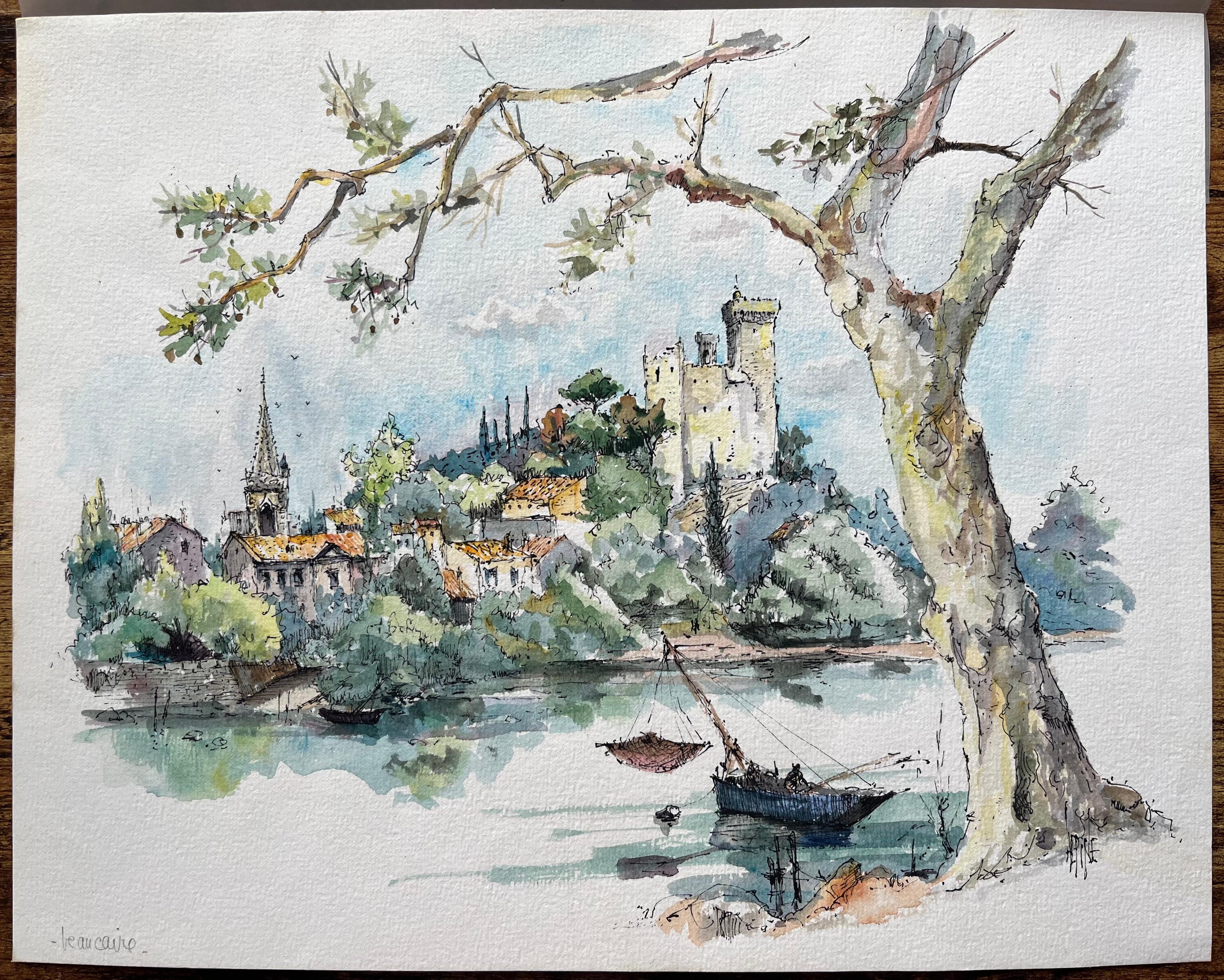 Französisches Aquarell von Châteauneuf-du-Pape und Rhône Fluss mit Fischerboot – Art von Robert Lepine (1929 - 2017)