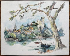 French Watercolor of Châteauneuf-du-Pape and Rhône River with Fishing Boat
