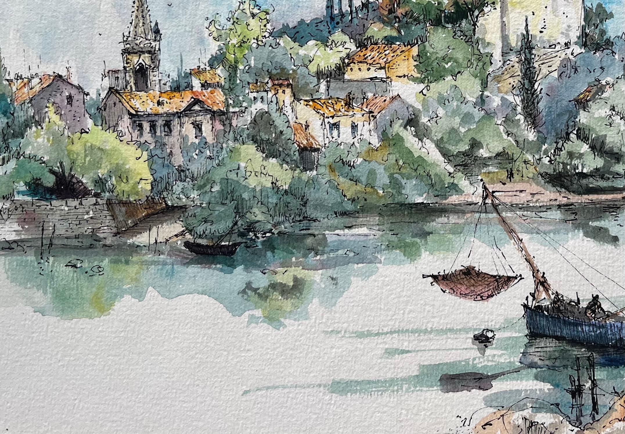 Französisches Aquarell von Châteauneuf-du-Pape und Rhône Fluss mit Fischerboot im Angebot 1