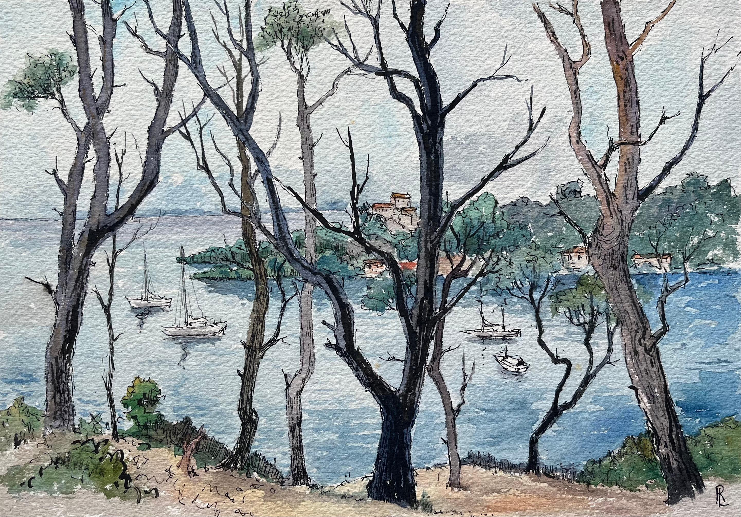 Landscape Art de Robert Lepine (1929 - 2017) - Acuarela francesa de la bahía de Port-Cros en Provenza con veleros