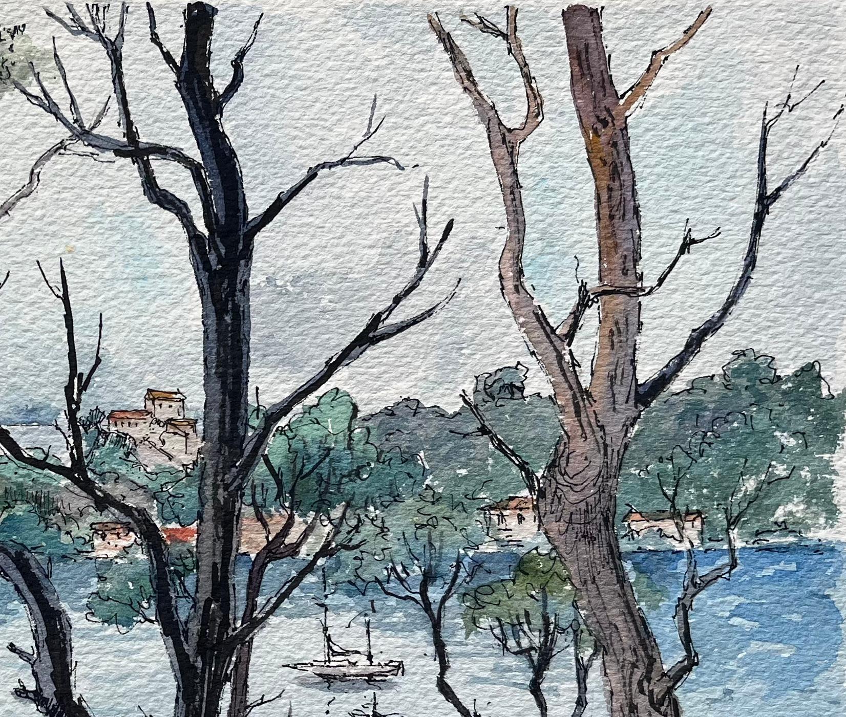 Acuarela francesa de la bahía de Port-Cros en Provenza con veleros - Art Escuela francesa de Robert Lepine (1929 - 2017)