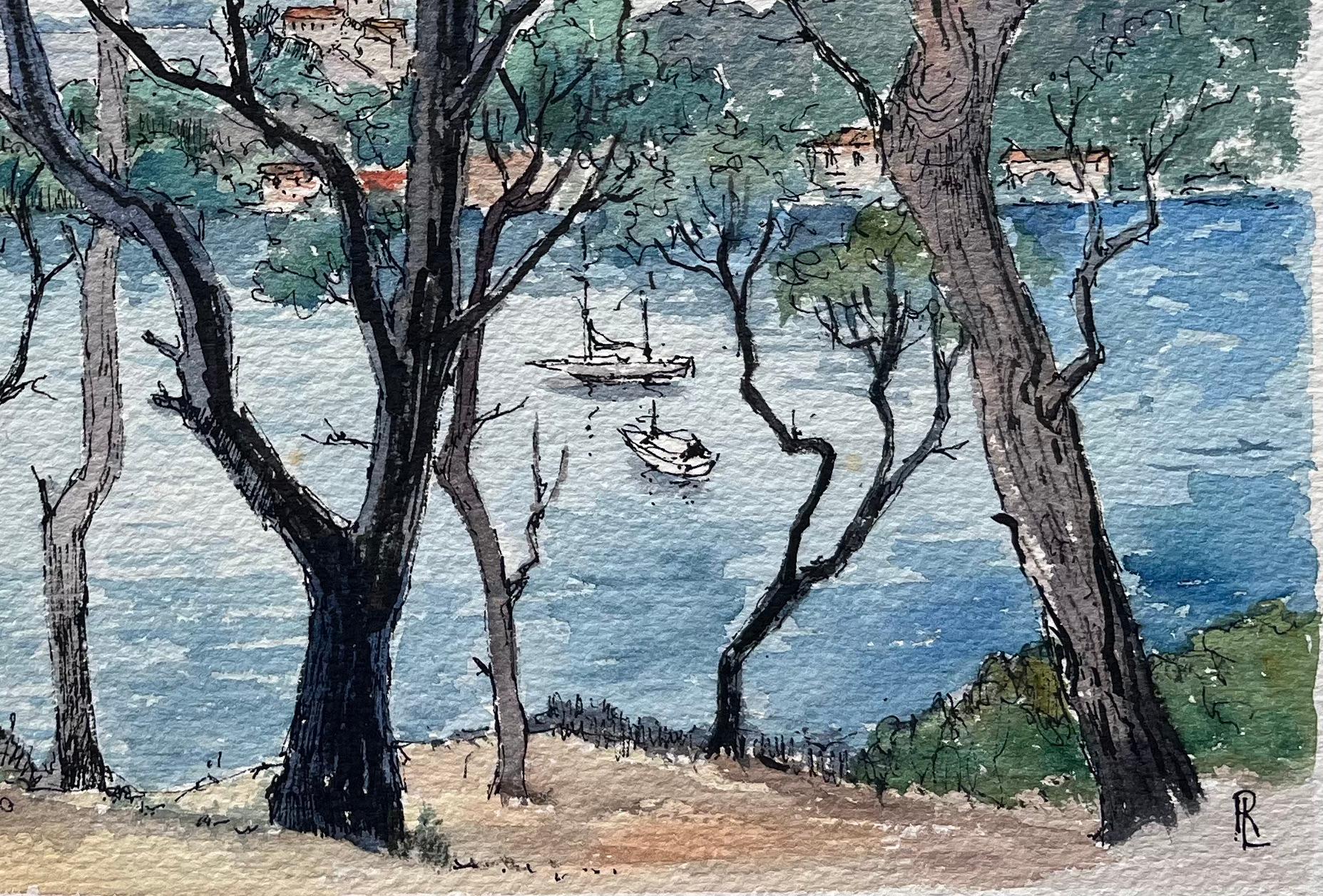 Acuarela francesa de la bahía de Port-Cros en Provenza con veleros - Landscape Art Gris de Robert Lepine (1929 - 2017)