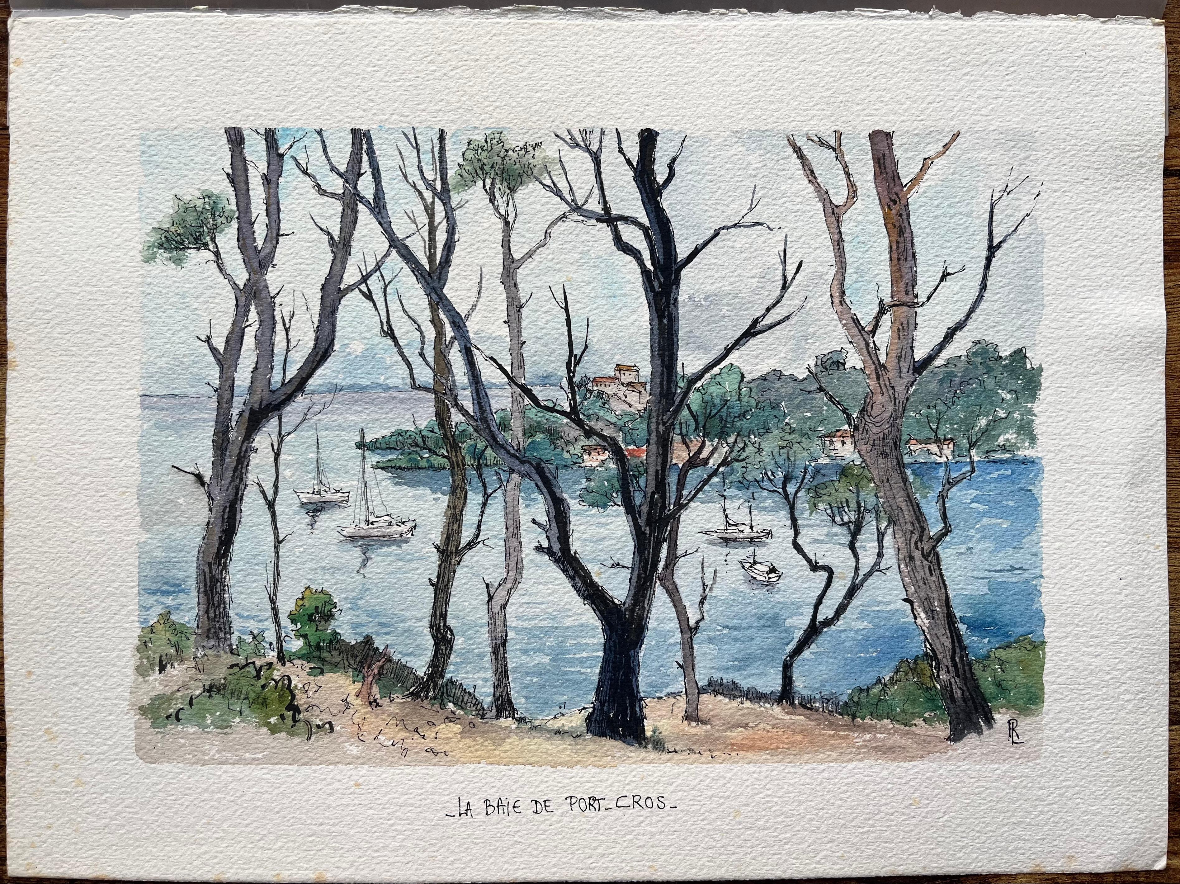 Acuarela francesa de la bahía de Port-Cros en Provenza con veleros - Art de Robert Lepine (1929 - 2017)