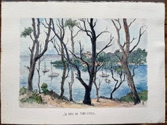 French Watercolor of La Baie de Port-Cros in Provence with Sailing Boats