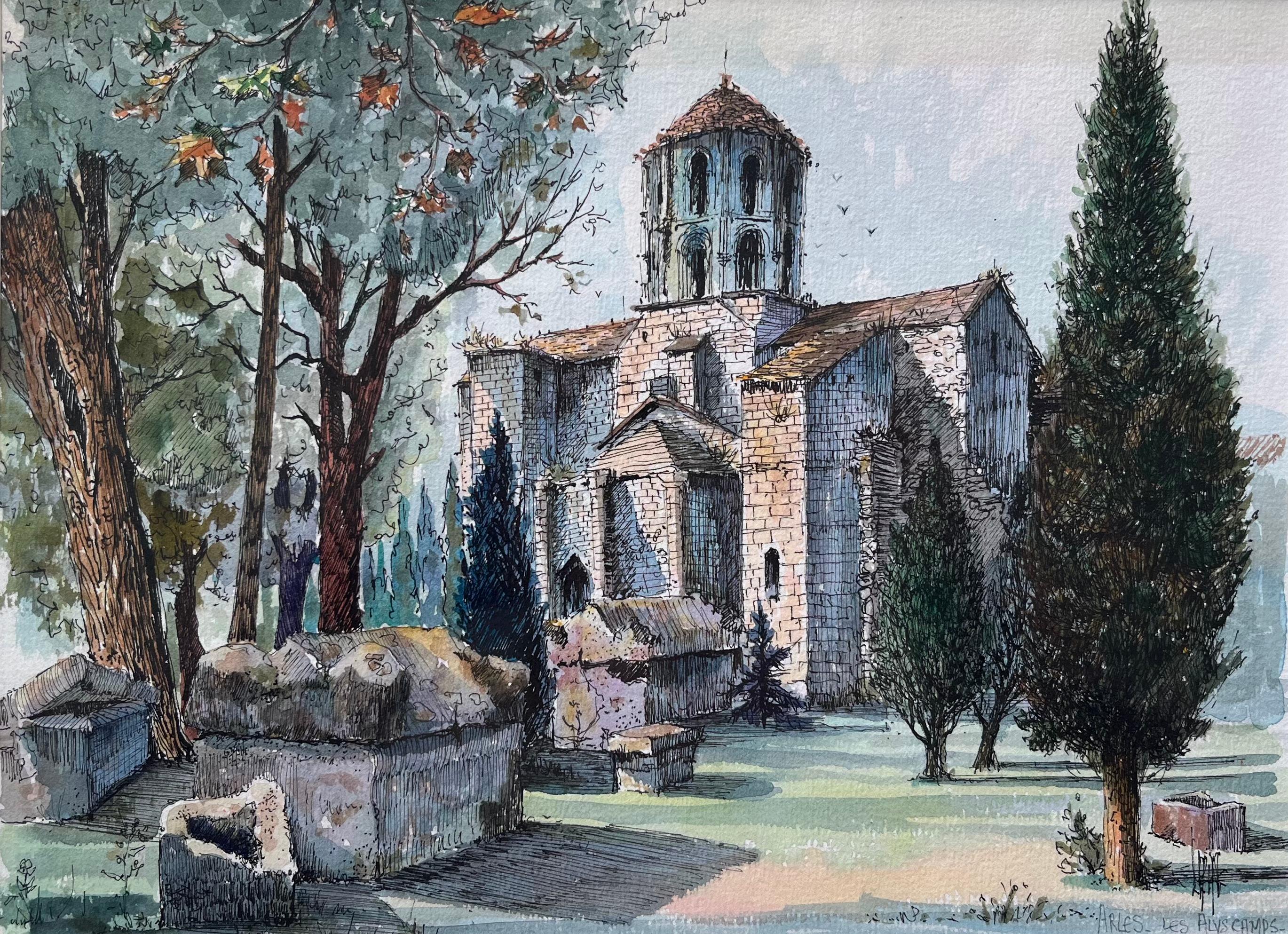 Robert Lepine (1929 - 2017) Landscape Art – Französisches Aquarell von Les Alyscamps Arles mit Kirche Saint-Honorat, Französisch