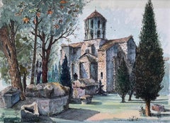 Acuarela Francesa de Les Alyscamps Arles con la Iglesia de Saint-Honorat