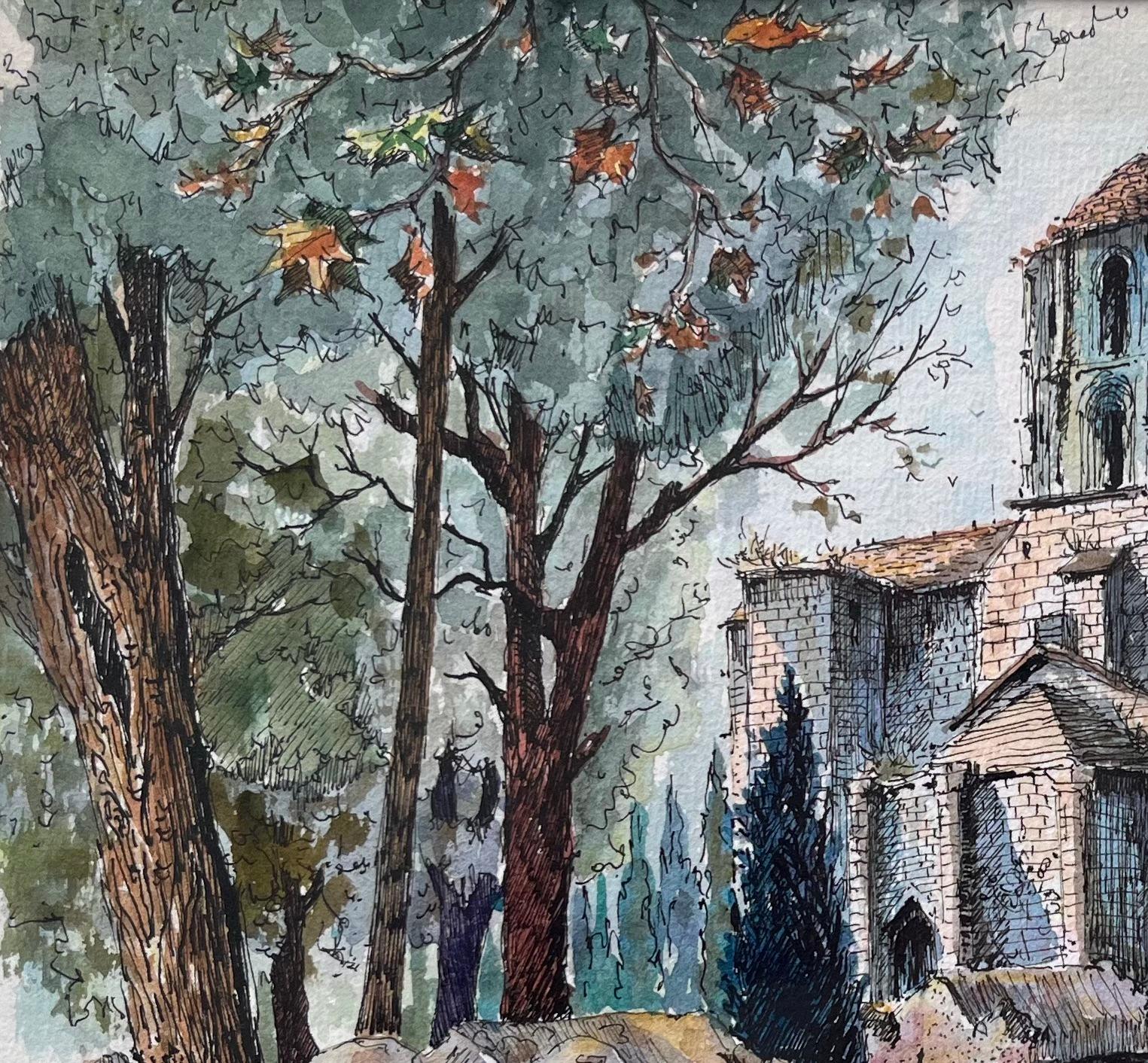 Französisches Aquarell von Les Alyscamps Arles mit Kirche Saint-Honorat, Französisch (Grau), Landscape Art, von Robert Lepine (1929 - 2017)