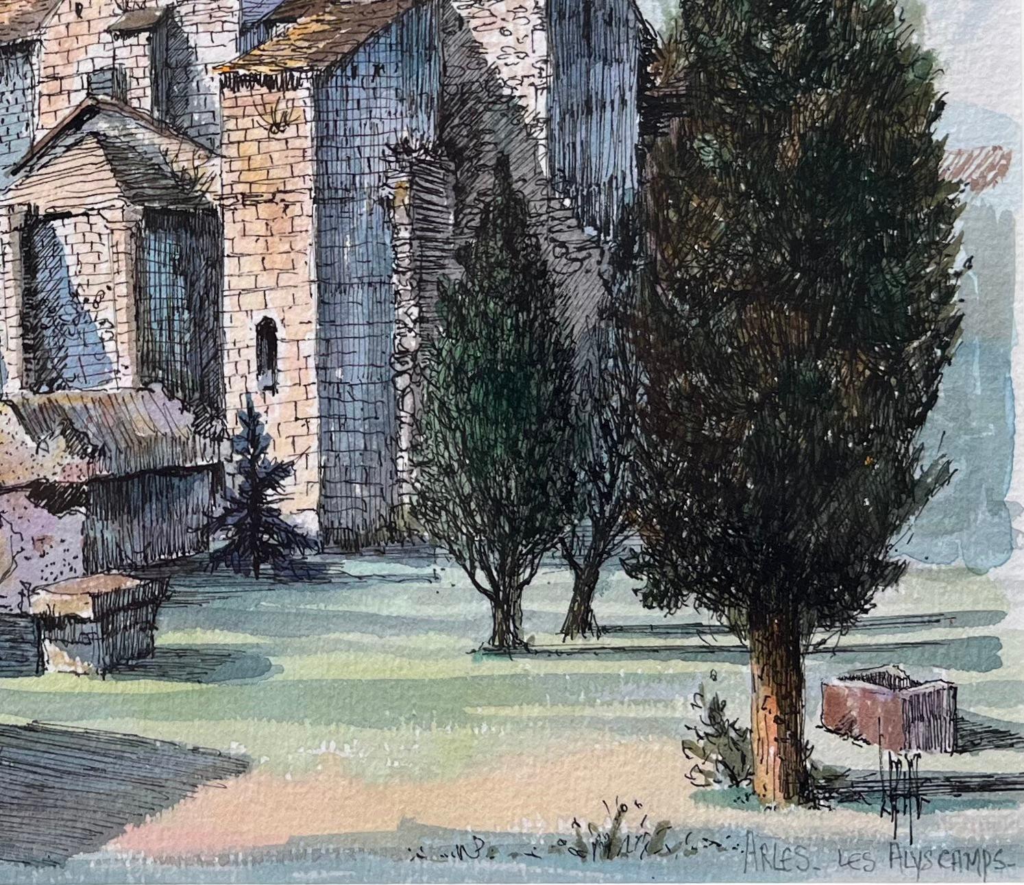 Französisches Aquarell von Les Alyscamps Arles mit Kirche Saint-Honorat, Französisch im Angebot 1