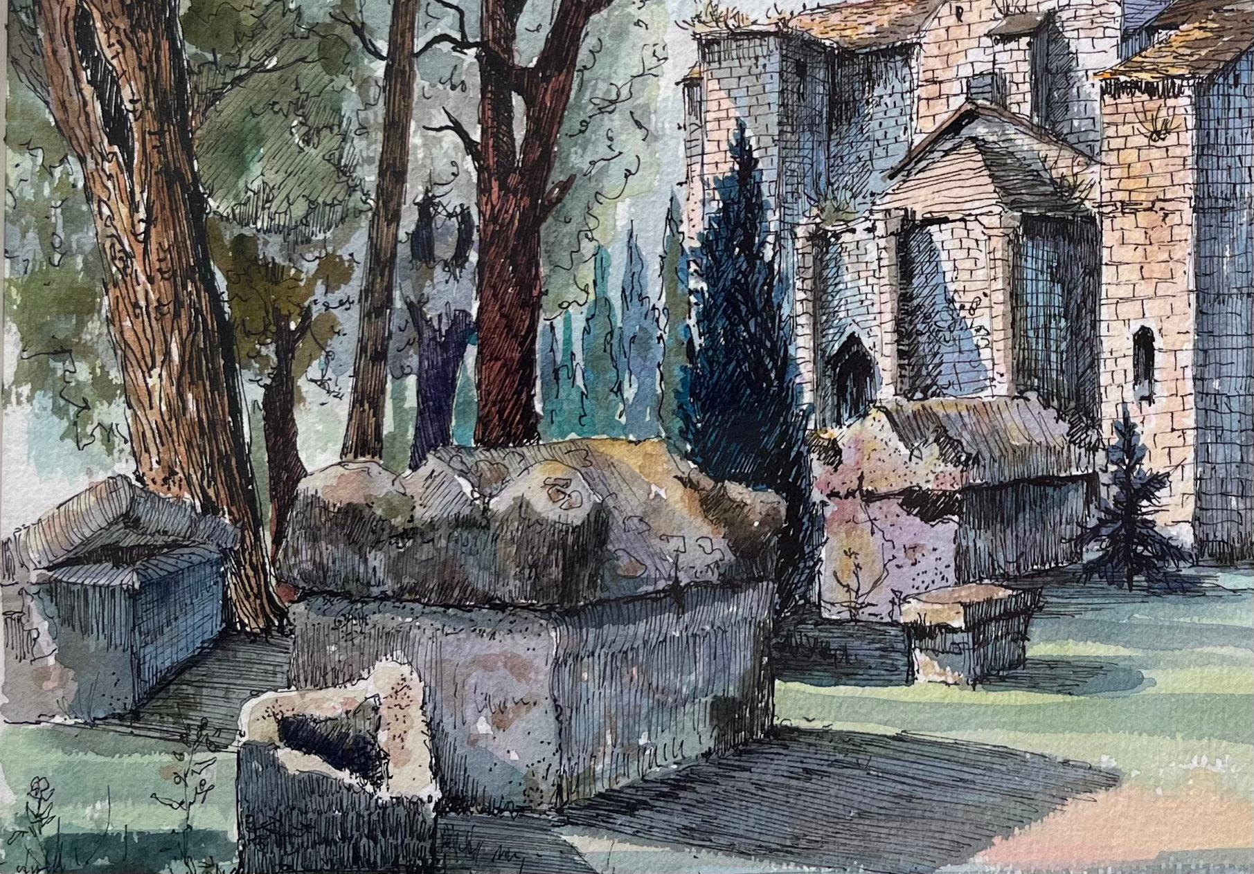 Titel: Französisches Aquarell von Les Alyscamps Arles mit der Kirche Saint-Honorat
von Robert Lepine (Franzose, 1929 - 2017)
Unterschrieben: Ja
Medium: Aquarellmalerei auf Künstlerpapier, montiert
Größe: 10,5 x 13,25 (Höhe x Breite) (Größe