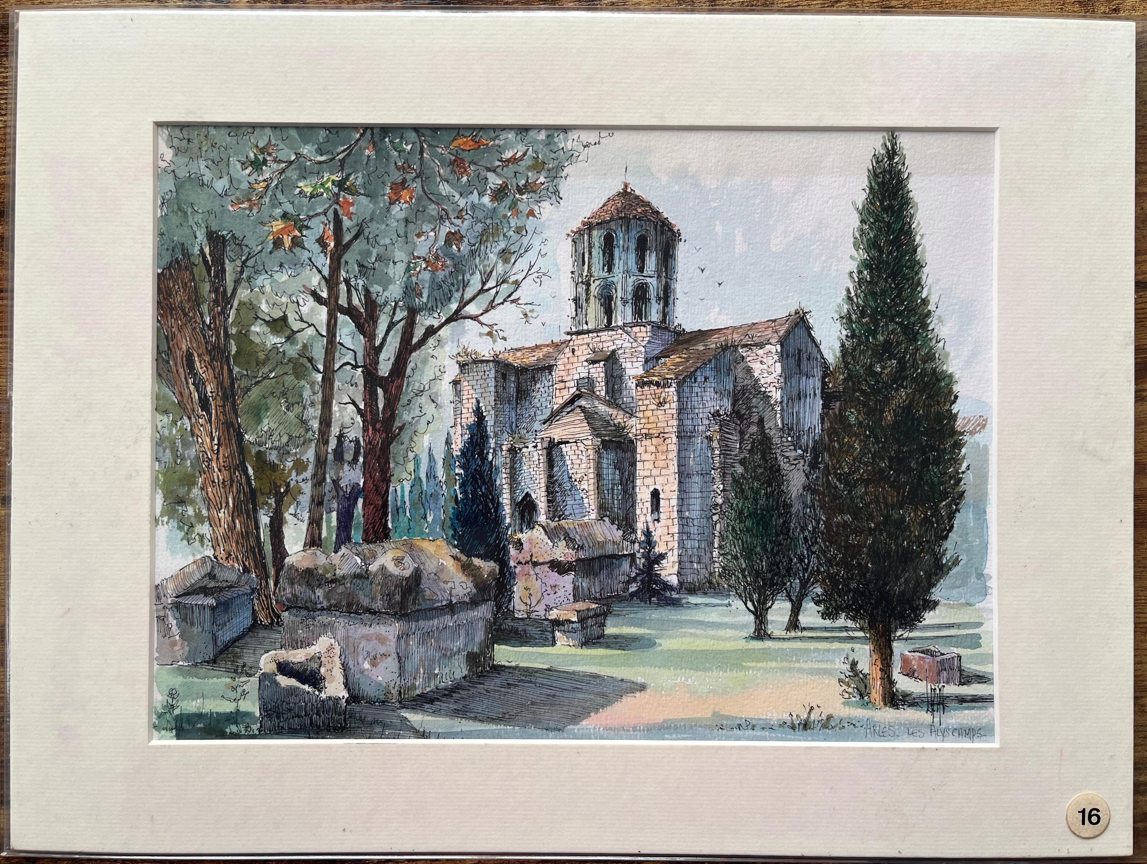 Französisches Aquarell von Les Alyscamps Arles mit Kirche Saint-Honorat, Französisch – Art von Robert Lepine (1929 - 2017)