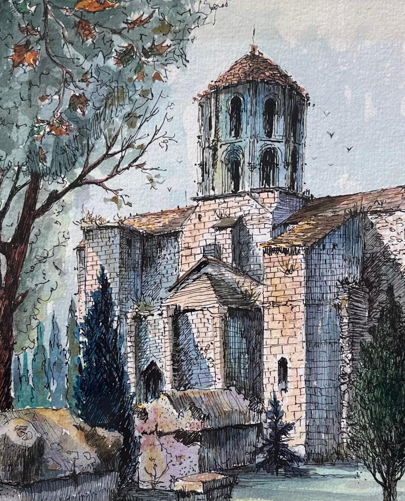 Französisches Aquarell von Les Alyscamps Arles mit Kirche Saint-Honorat, Französisch (Französische Schule), Art, von Robert Lepine (1929 - 2017)