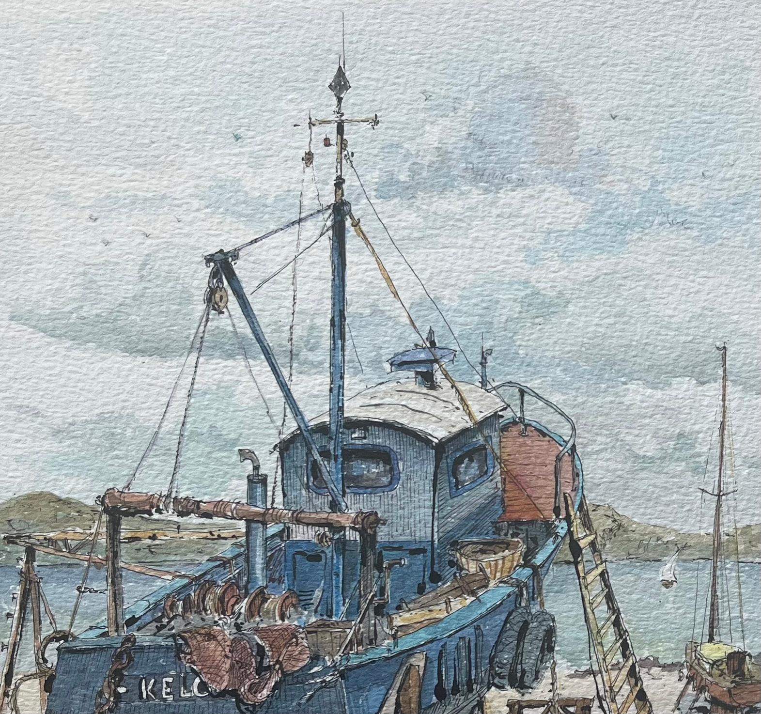 French Watercolor of Barques sur la Grève and Fishing Boats on Shore - Gray Landscape Painting by Robert Lepine (1929 - 2017)