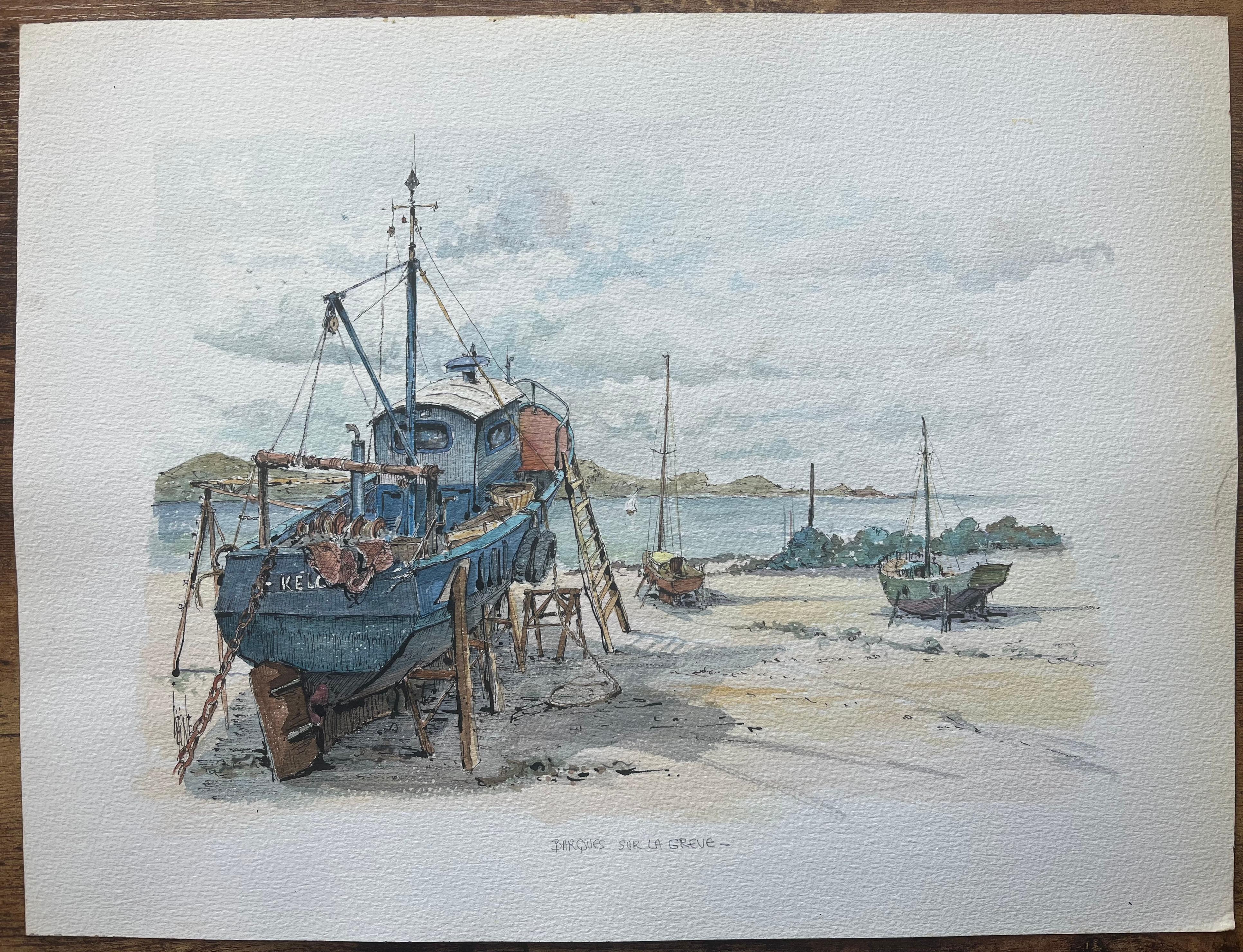 French Watercolor of Barques sur la Grève and Fishing Boats on Shore - Painting by Robert Lepine (1929 - 2017)