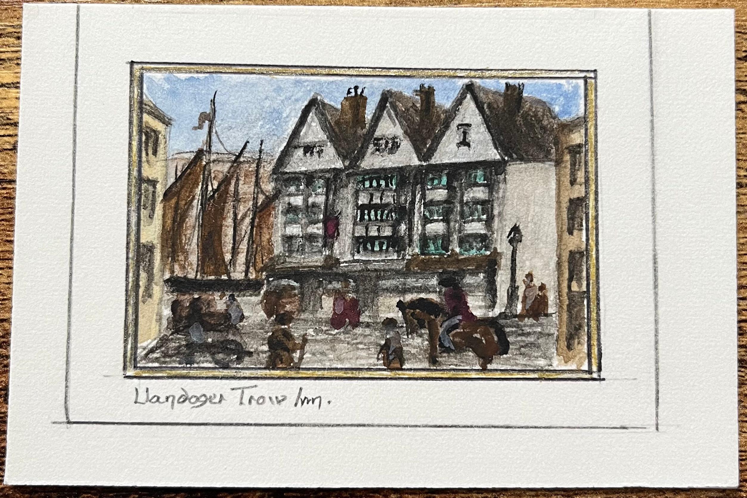Historisches Miniature-Aquarell des Llandoger Trow Inn in Bristol – Painting von Jack Grunwell