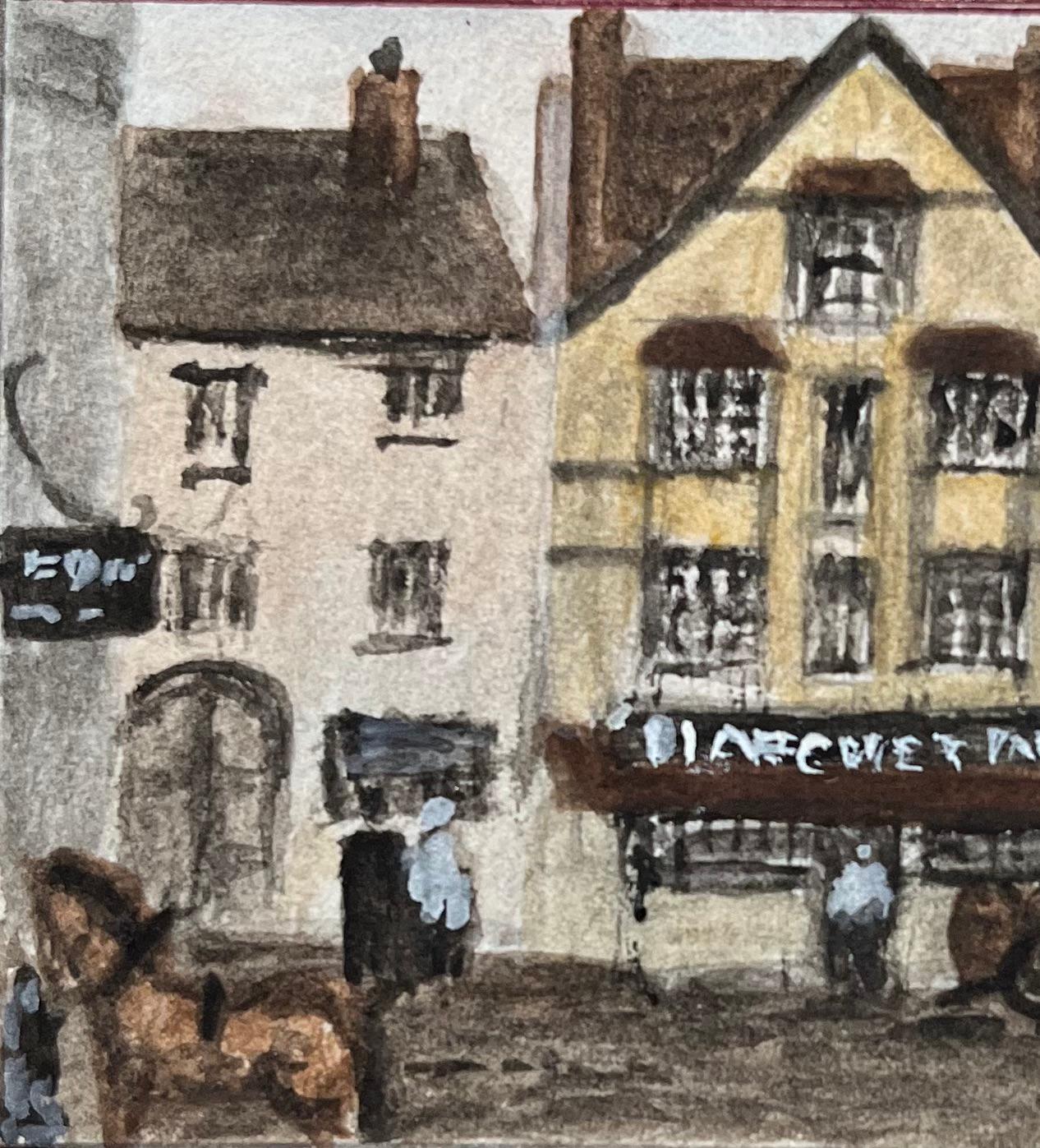 Historic Miniature Watercolor of a 16th-Century Hatchet Inn in Bristol - Brown Landscape Painting by Jack Grunwell